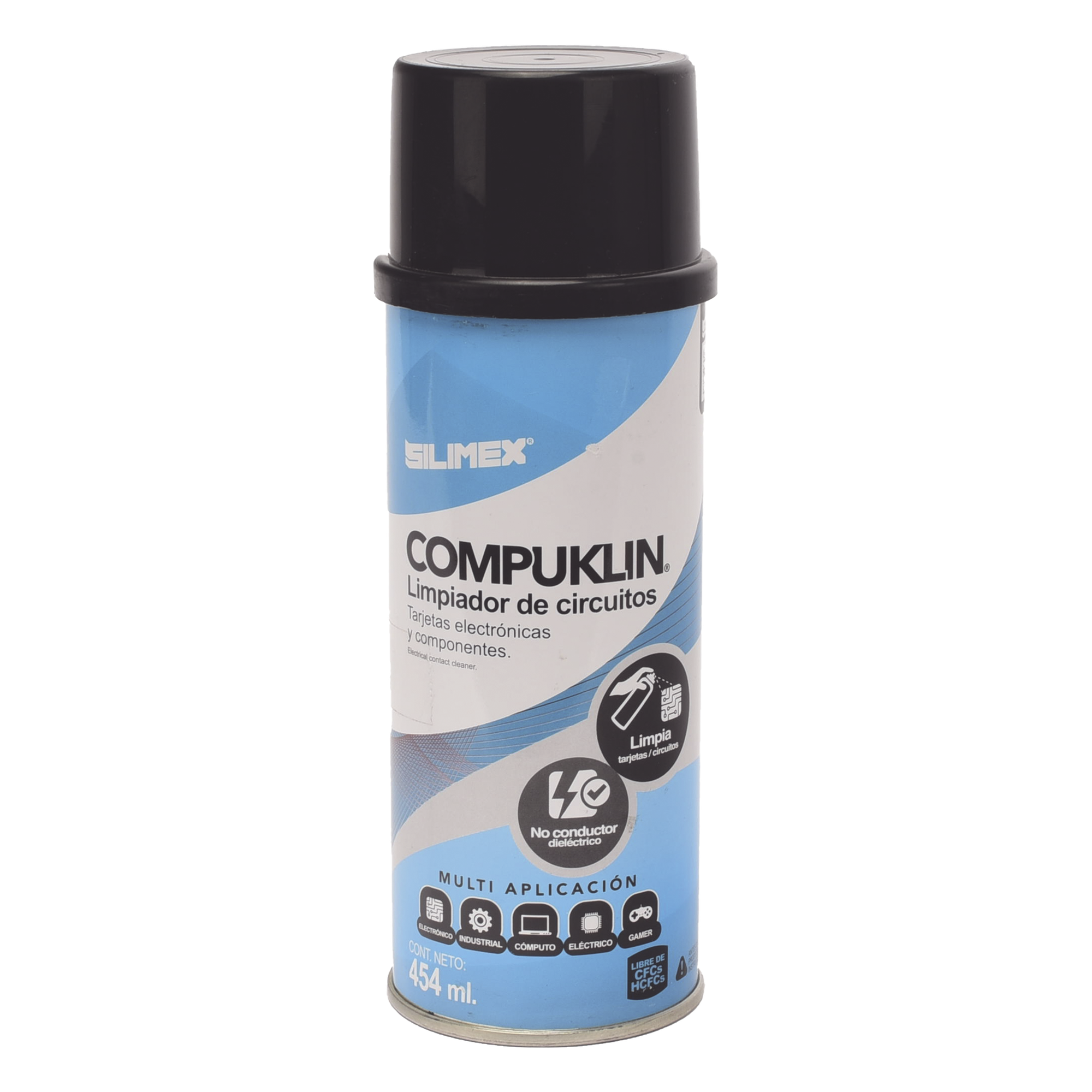 Limpiador desengrasante en aerosol dielectrico, para tarjetas electrónicas y circuitos, bote 454 ml — SILIMEX · SKU COMPUKLIN