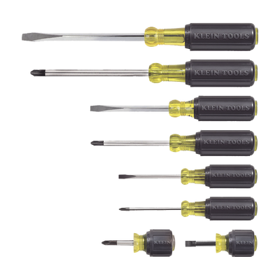 Juego de 8 Desarmadores con Mango Cushion-Grip™: 2 de punta Plana de 1/4'' (6.4 mm) y 5/16'' (7.9 mm); 2 de punta Cabinet de 5/16'' (7.9 mm) y 3/16'' (4.8 mm); tres de punta Phillips n.º 1, n.º 2 y n