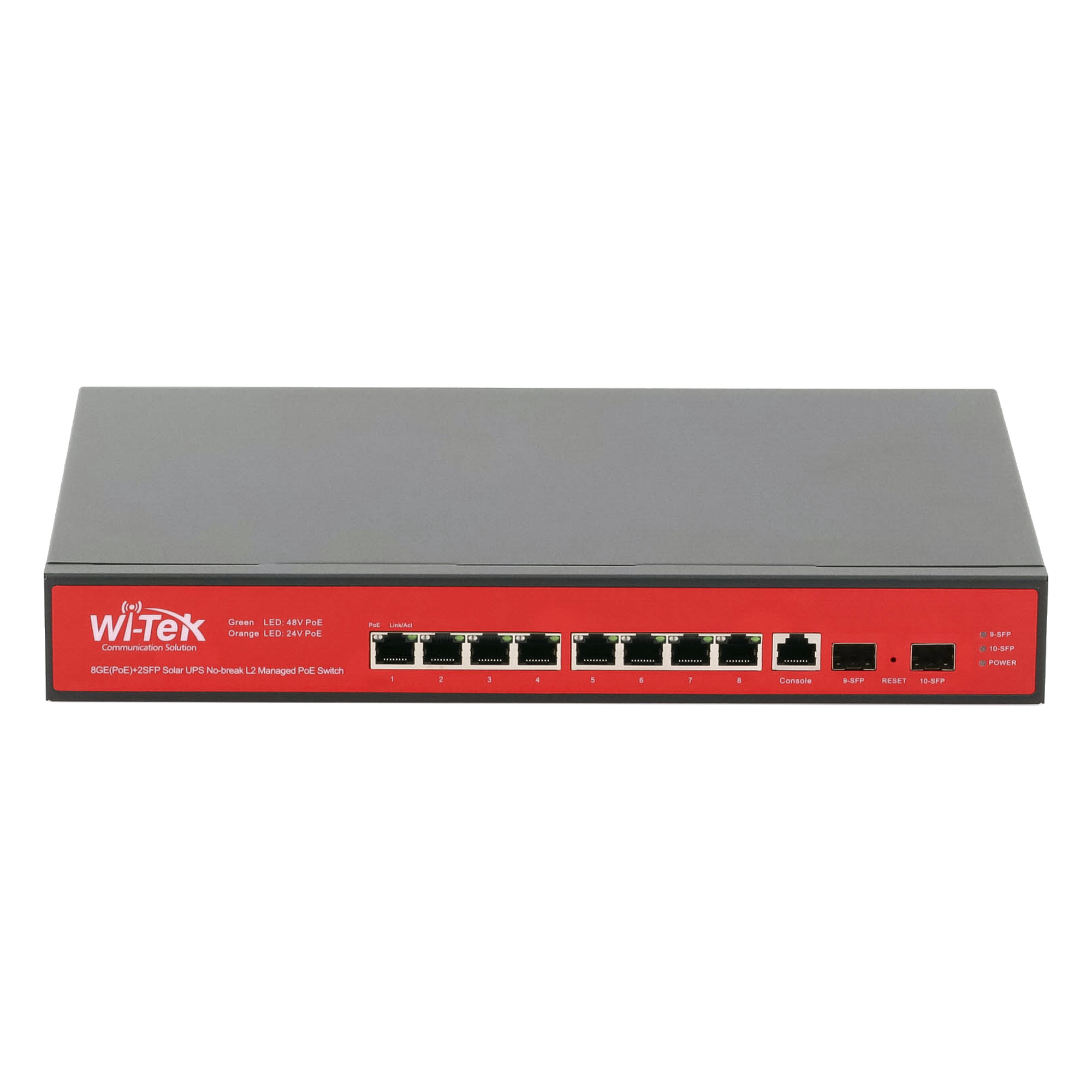 Switch Administrable Capa 2 de 8 puertos 10/100/1000 PoE af/at + 2 x SFP Gigabit, con respaldo para energía solar — WI-TEK · SKU WI-PMS310GF-UPS-PLUS