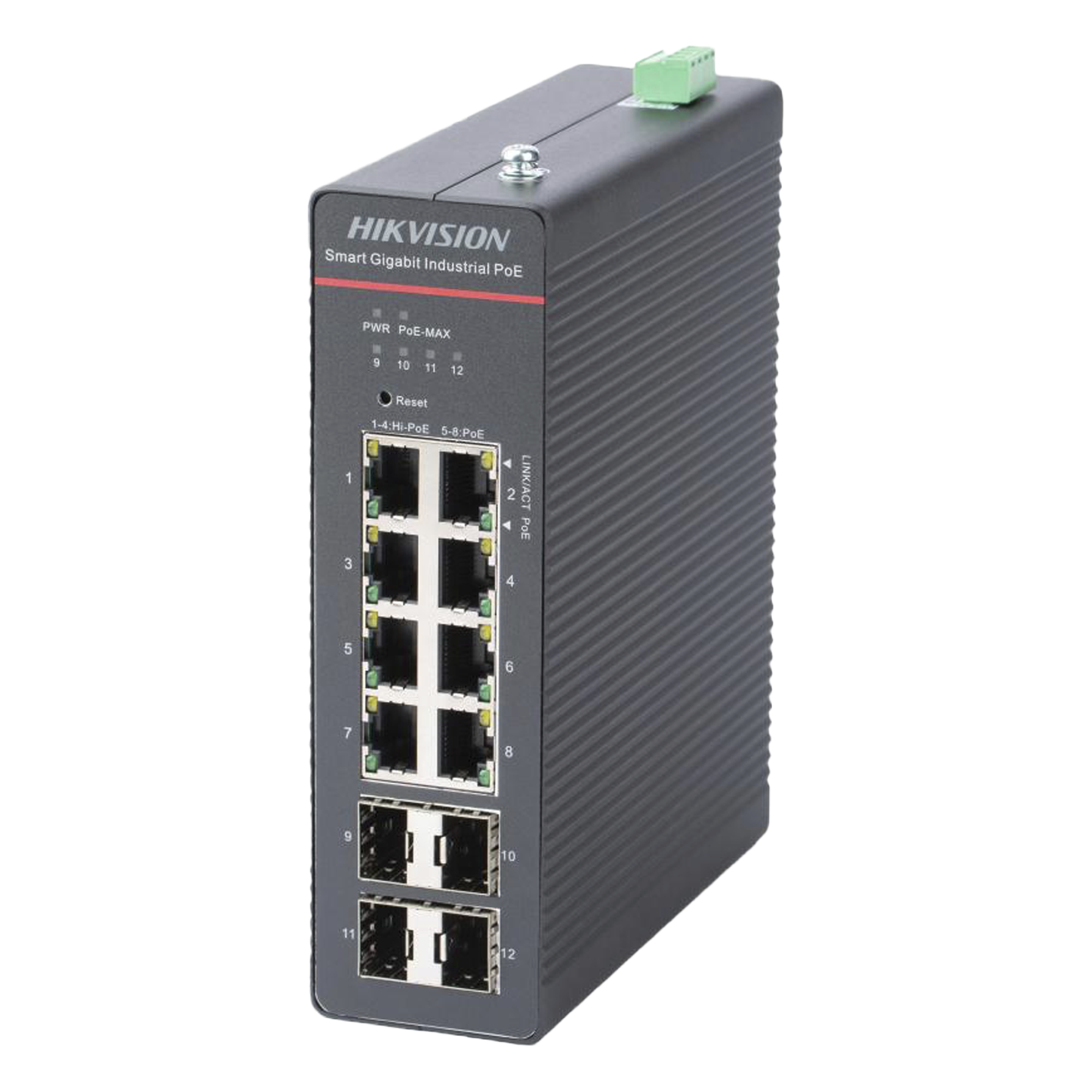Switch Industrial Administrable PoE+ / 8 Puertos Gigabit PoE+ (4x90W + 4x30W) / 4 Puertos SFP / 300W Total / 300 m Alcance / -40°C a 75°C / 984 pies de Distancia — HIKVISION · SKU DS-3T1512HP-SI-8P4F