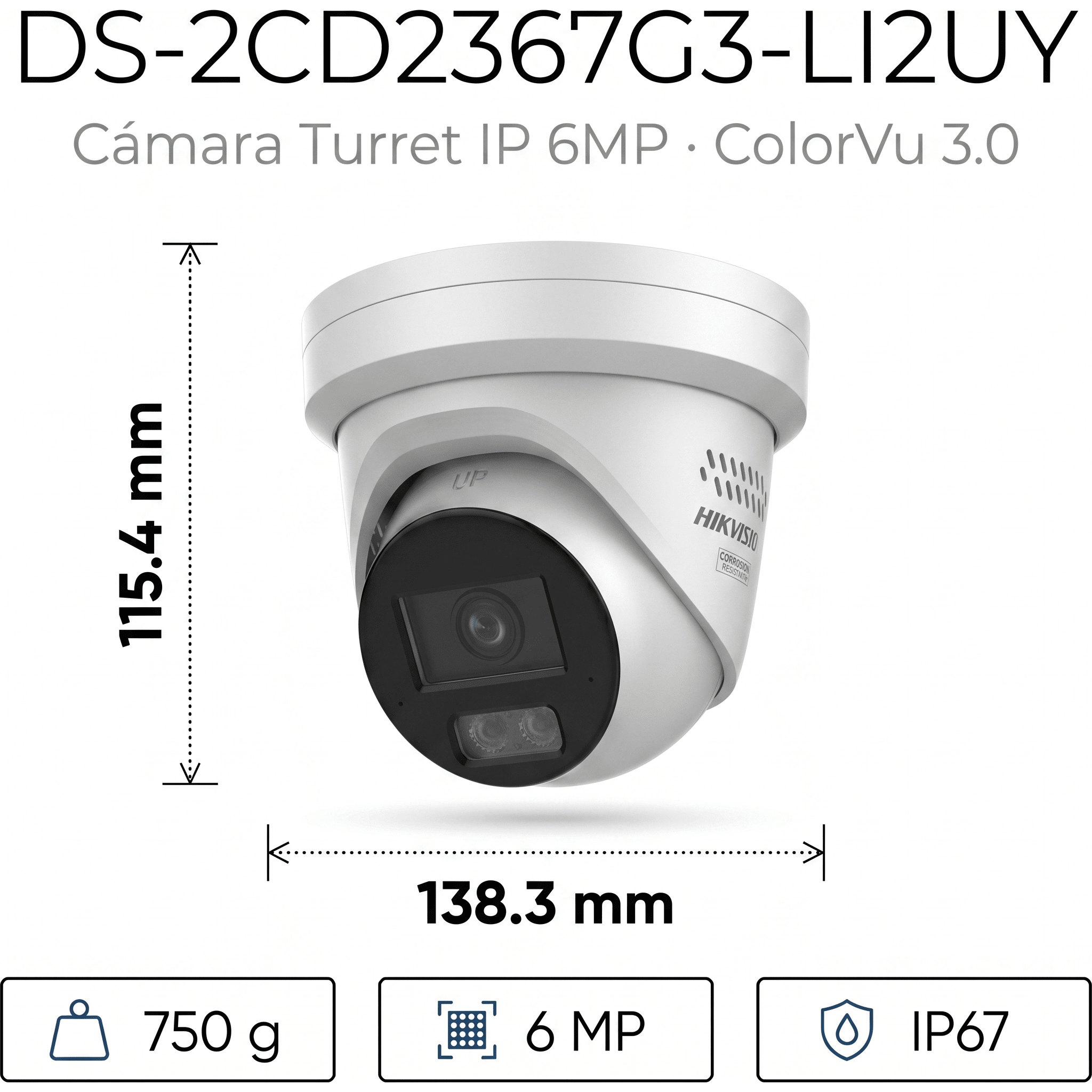 [Dual Light + ColorVu 3.0 + HikAI] Turret IP 6 Megapixel / Lente 2.8 mm / 30 mts IR + Luz Blanca / 2 Microfonos Integrados / Exterior IP67 / WDR 130 dB / ACUSENSE 3.0 / Metal / NEMA 4X / ACUSEEK