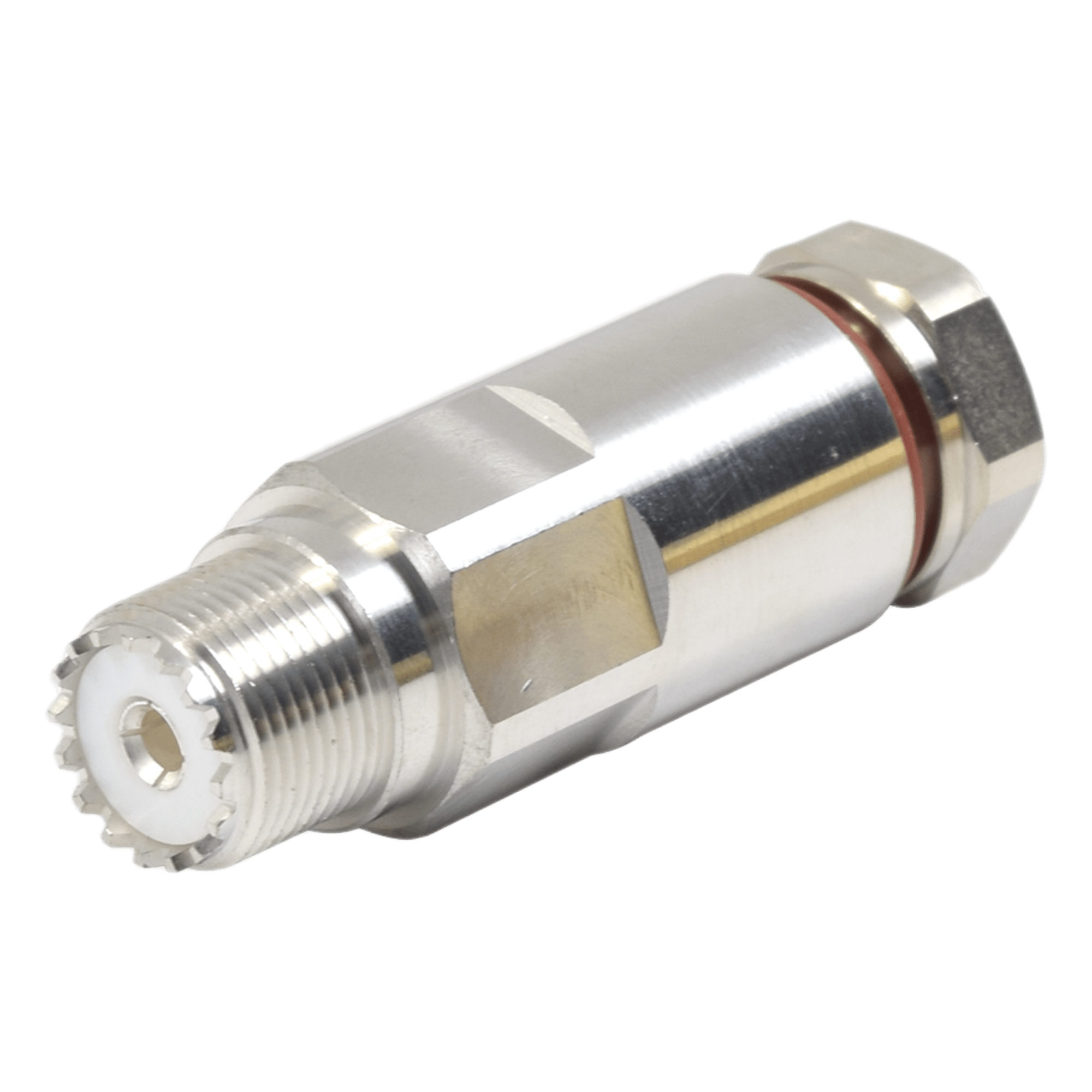 Conector UHF Hembra (SO-239) de Rosca para cable LP-450A, LDF4-50A, Bronce Blanco/ Plata/ Teflón. — RF INDUSTRIES,LTD · SKU RFU-520-H1