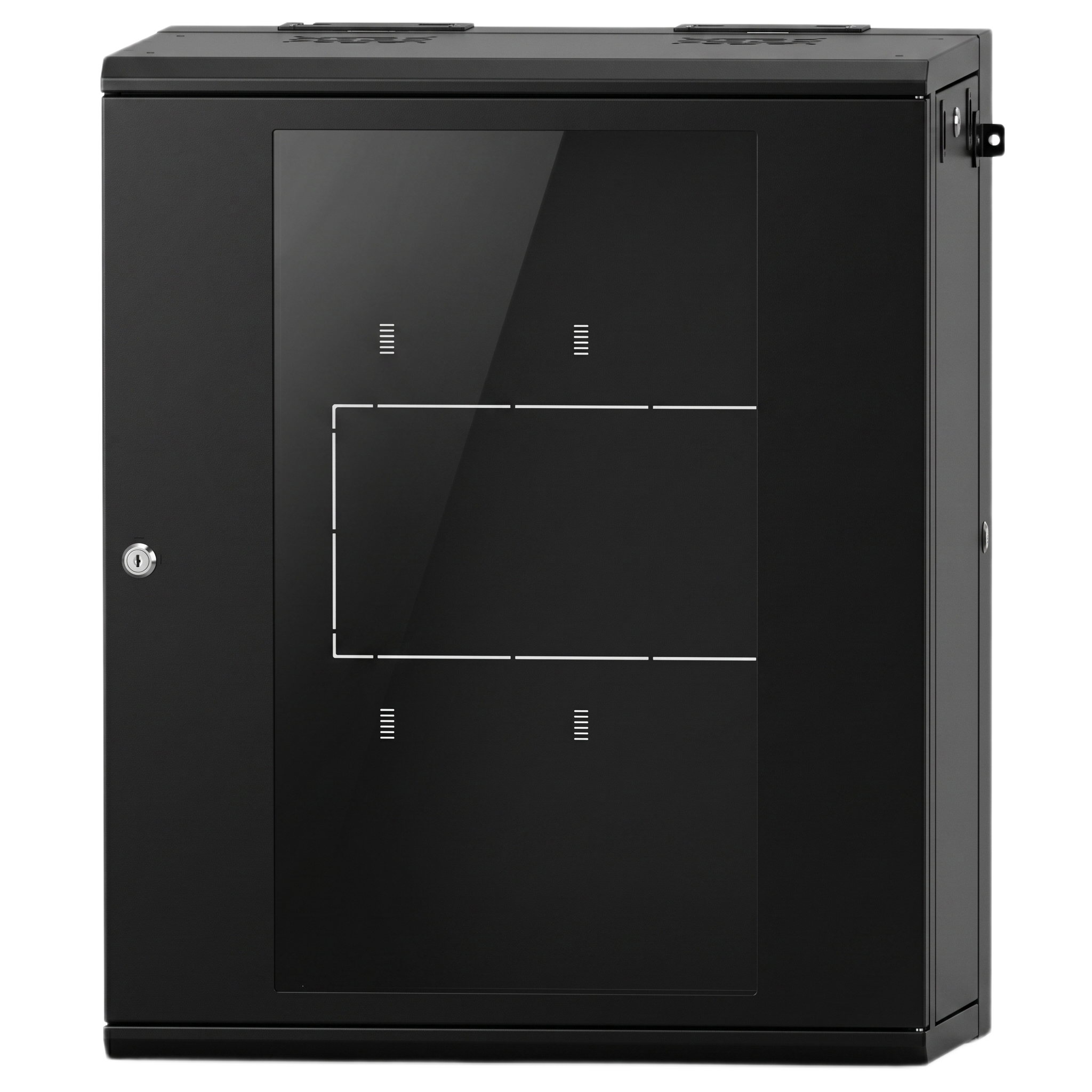 Gabinete Rack / 16 Unidades Rack (UR) / Puerta Cristal Templado / Montaje Pared / Acero Calibres 18-22 / Abatible 120° / Ventilación 120 mm