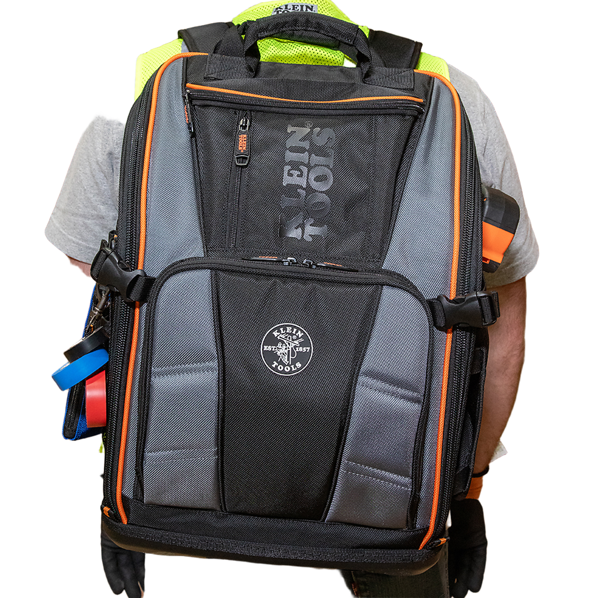 Mochila Profesional para Herramientas / 27 Bolsillos / Acceso Rápido y Estación de Trabajo / Base Moldeada Ancha / Interior Naranja / USB-C / Soporte para Lámpara