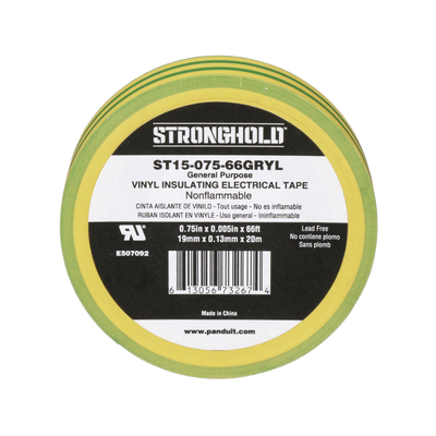 Cinta Eléctrica STRONGHOLD para Aislar, de PVC, Uso Construcción General en Tierras Físicas, Grosor de 0.13 mm (5 mil), Ancho de 19.05 mm, y 20.12 m de Largo, Color Amarillo/Verde.