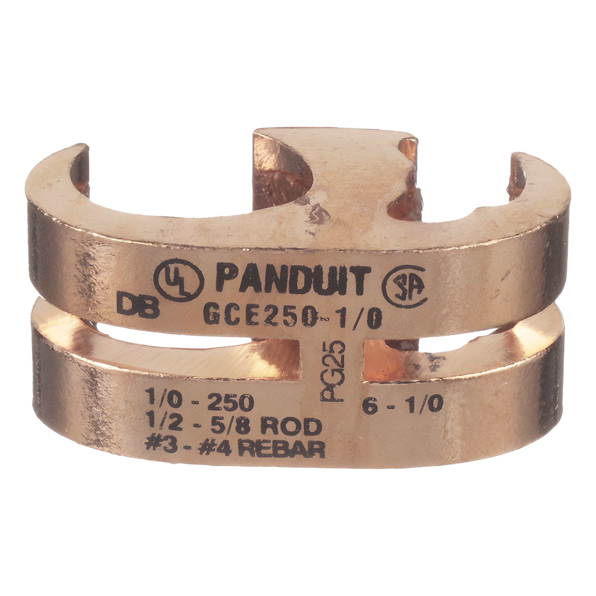Conector de Conexión Tierra tipo "E" para Conductor de Cobre 6 AWG SOL – 1/0 AWG STR (16–50 mm2). — PANDUIT · SKU GCE1/0-1/0-L