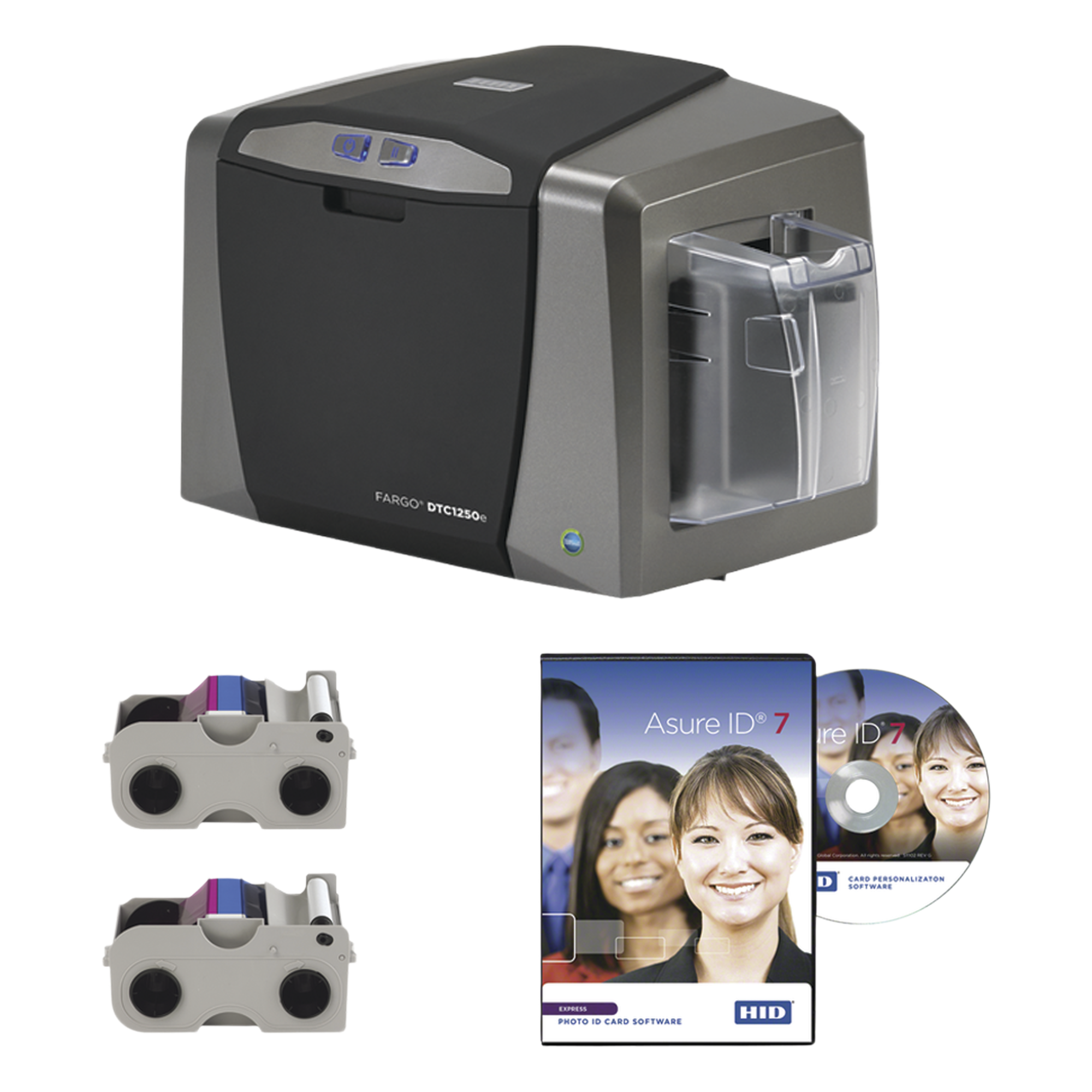 Kit de Impresora de tarjetas PVC DTC1250e/ Una Cara / Incluye: 2 Ribbons Color y Software/ 3 Años Garantia — HID · SKU 50610