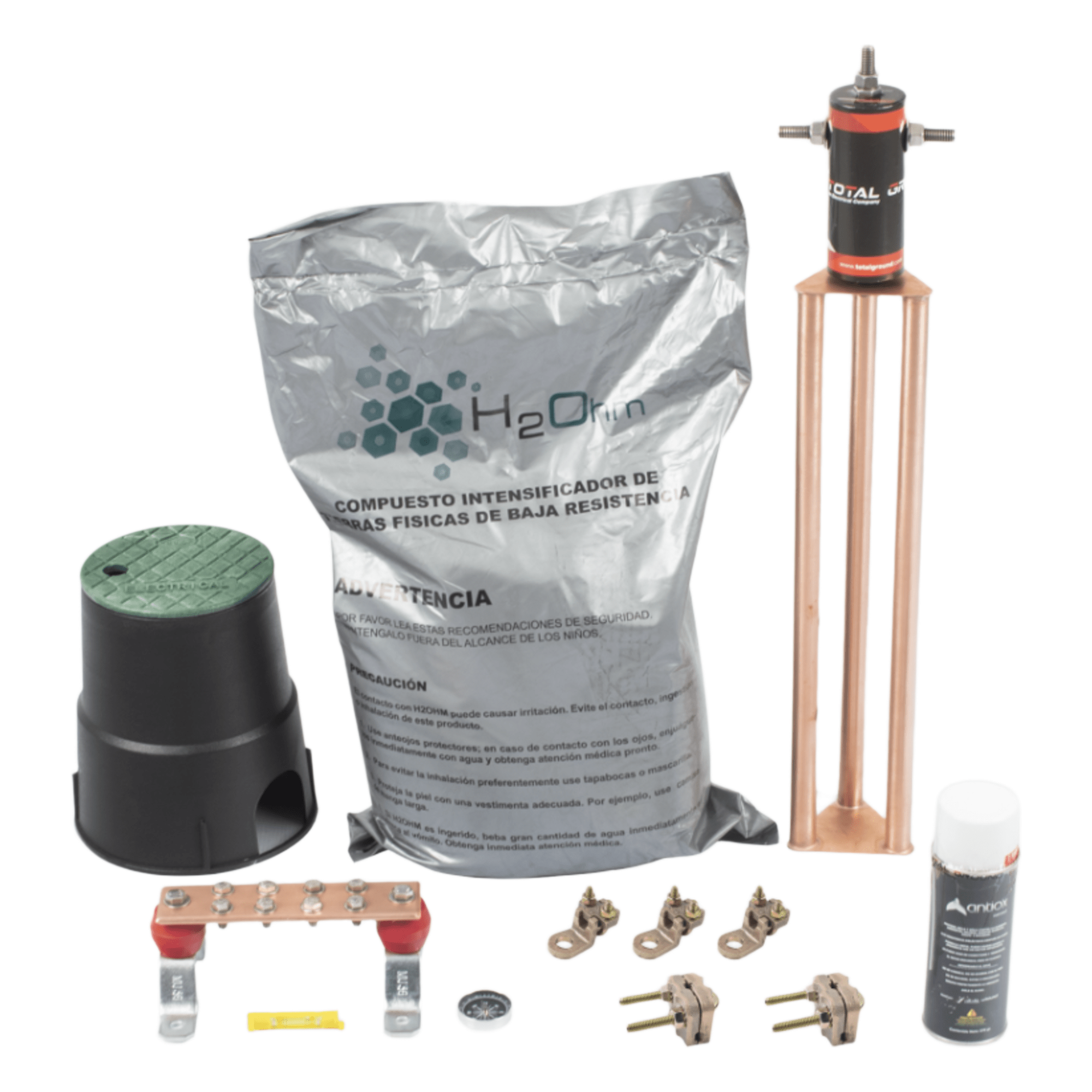 Kit de Puesta a Tierra / 30 A / Resistencia < 2 Ω / Electrodo Magnetoactivo / Compuesto Higroscópico — TOTAL GROUND · SKU KITMASTER30ABV2