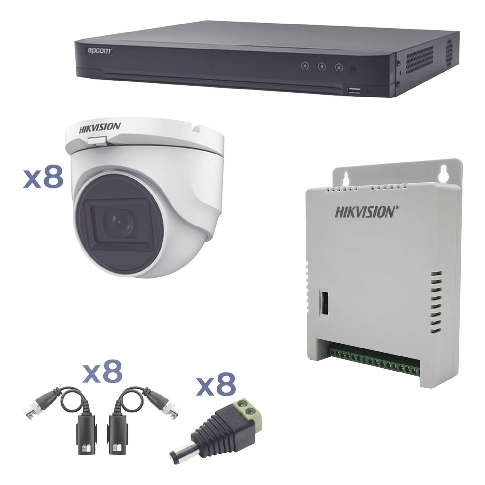 Kit TURBOHD 1080p / DVR 8 Canales / 8 Cámaras Turret (exterior 2.8 mm) / Conectores / Transceptores / Fuente de Poder Profesional hasta 15 Vcc para Larga Distancia — HIKVISION · SKU KH1080P8DW