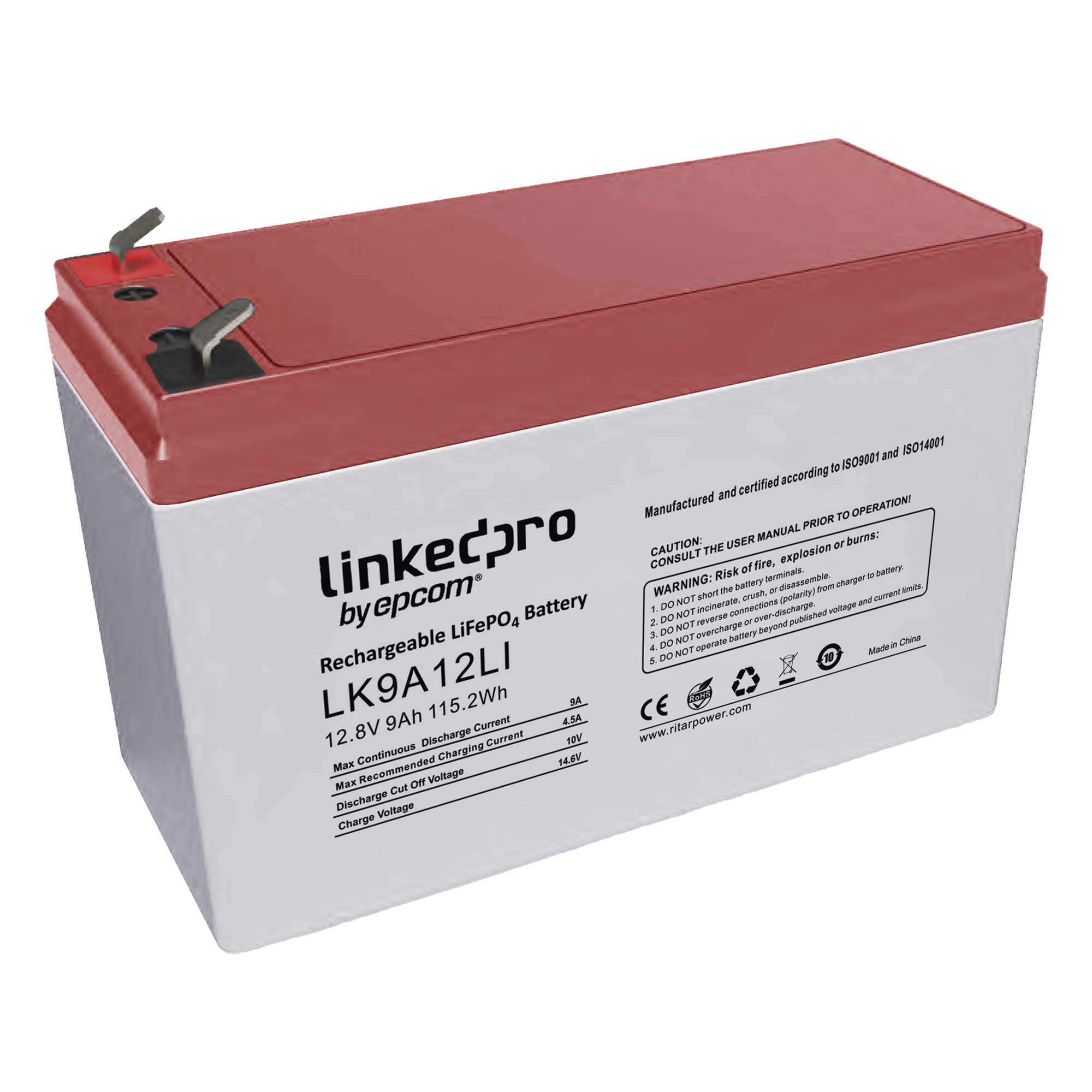 Batería de Litio 12.8 Vcc / 9 Ah / Tecnología LiFePO4 /2000 Ciclos de Vida/ Para uso en equipo electrónico, UPS (litio) / Incendio/ Control de acceso / Video Vigilancia / Terminales F1 ( Incluye adaptador para terminal F2 ) — LINKEDPRO BY EPCOM · SKU LK9A12LI