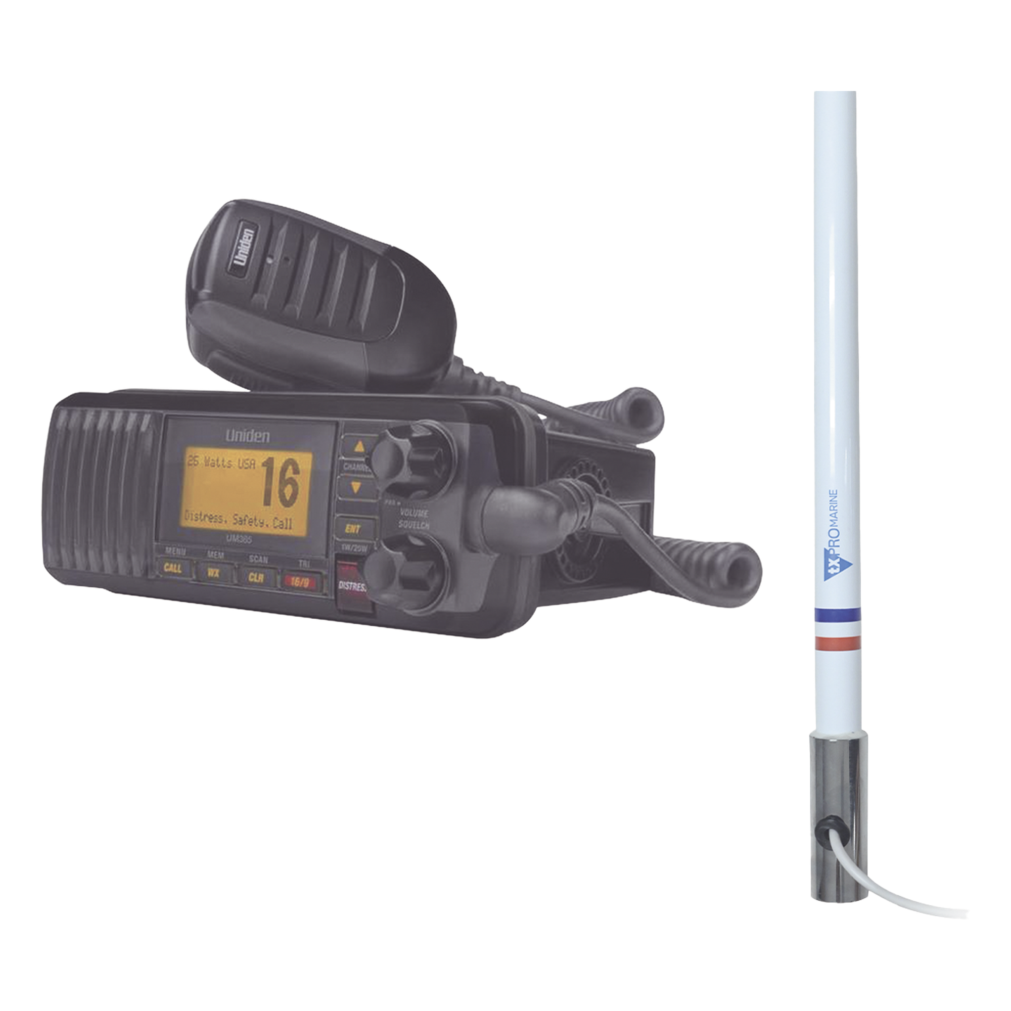 Kit de radio marina con antena de fibra de vidrio / 156-163 MHz / 25W / 2.4 m (7.9 ft) / Omnidireccional / IPX4 — UNIDEN · SKU UM-385BK/KIT5101