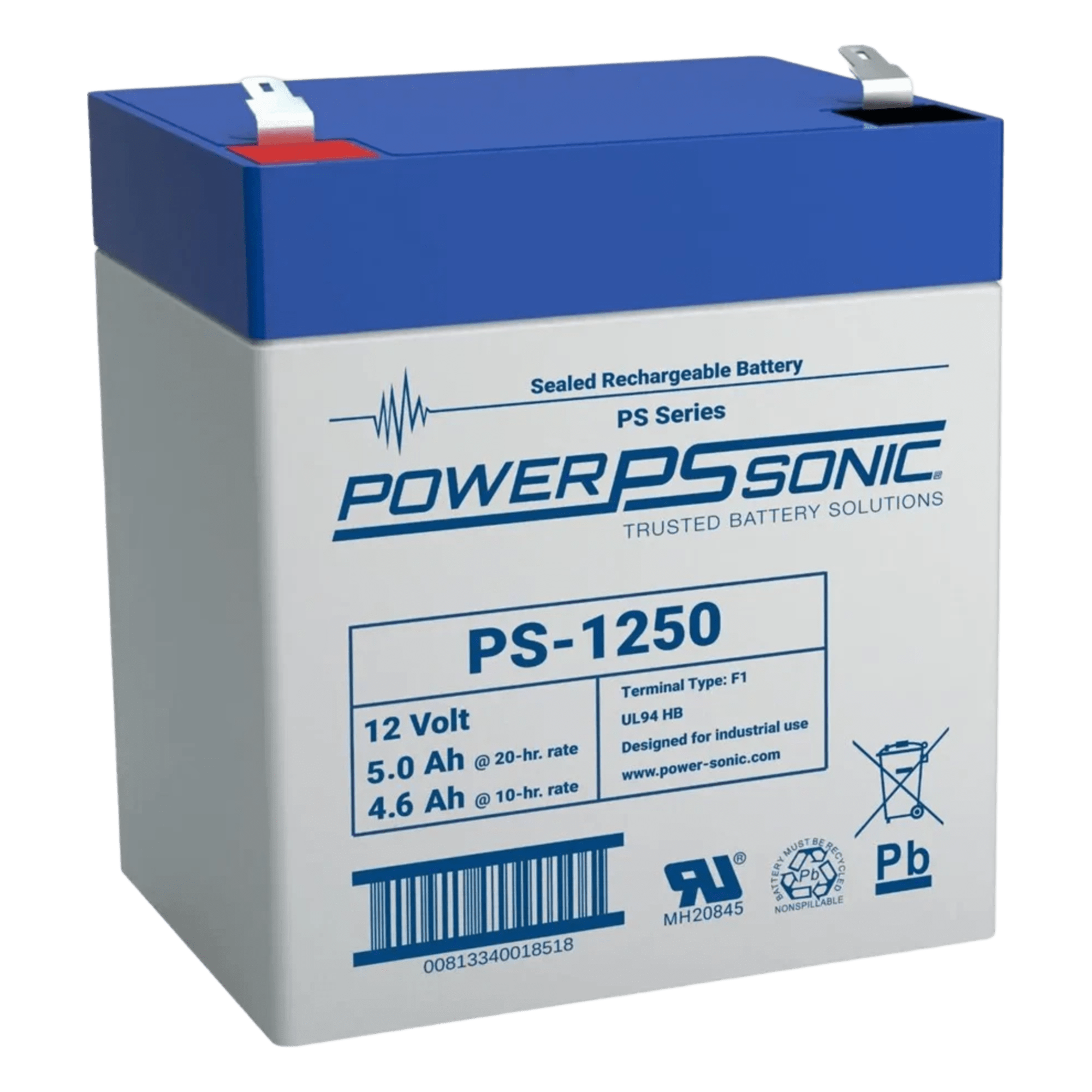 Batería 12V, 5.0AH, Para Respaldo, Tecnologías AGM/VRLA, 5 Años Vida Útil, Terminales F1, Reconocida UL — POWER SONIC · SKU PS-1250-F1