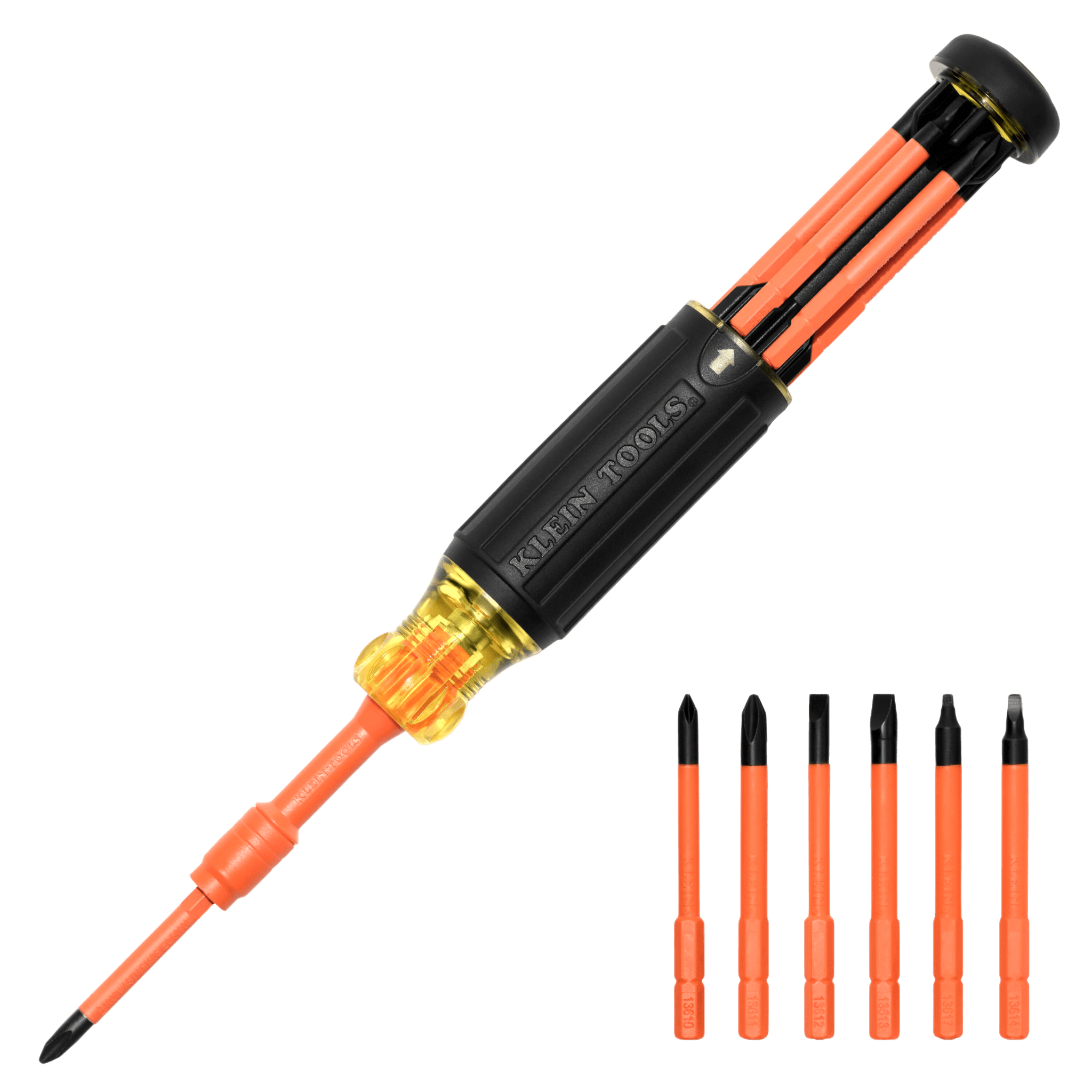 Destornillador Aislado 6-en-1 Auto-Lock / Aislado 1000V CAT III / Almohadilla de agarre / Almacenamiento de brocas integrado / Bits Philips #1 #2 / Slotted 3/16" 1/4" / Square #1 #2