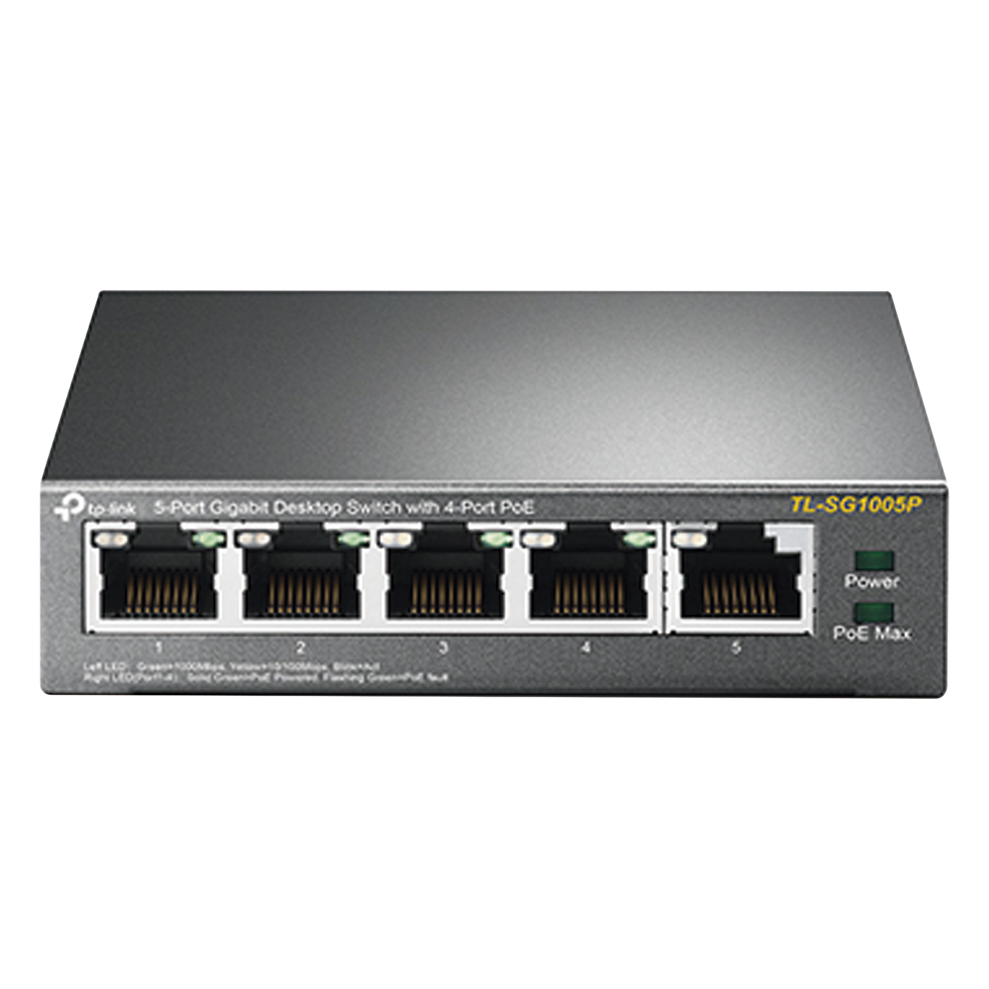 Switch Escritorio No Administrable de 5 puertos 10/100/1000 Mbps / Con 4 puertos PoE 802.3af/at de hasta 65 W / PoE Extendido hasta 250 metros — TP-LINK · SKU TL-SG1005P
