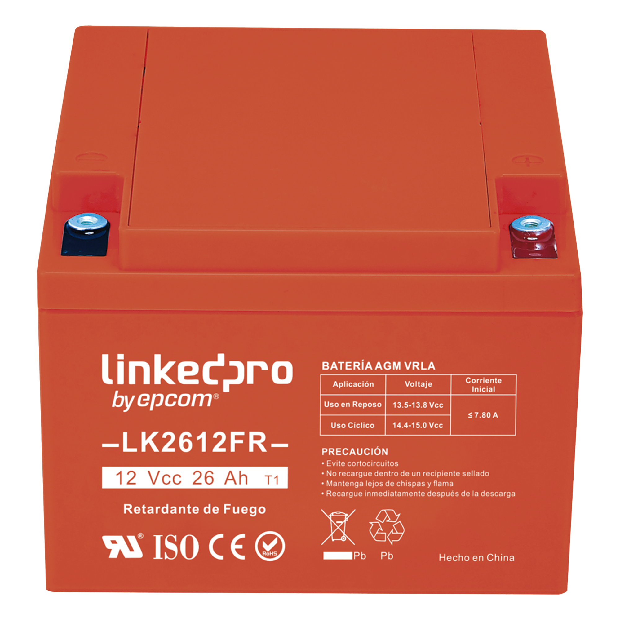 Batería AGM-VRLA / 12 V / 26 Ah / Retardante a la Flama UL94-V0 / Vida Útil 5 Años / Terminales T1 — LINKEDPRO BY EPCOM · SKU LK2612FR