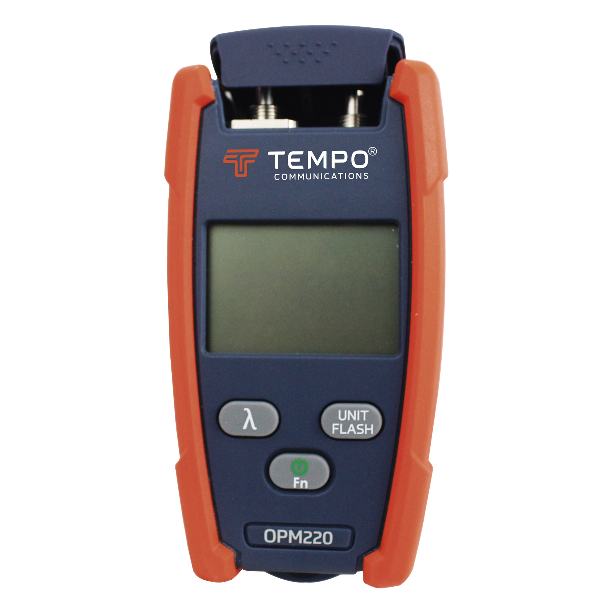 Medidor de Alta Potencia (Micro OPM) para Fibra Óptica con Localizador Visual de Fallos (VFL), Entrada Universal de 2.5 mm (para Conectores SC, ST y FC), Rango de Medición: -50 a +26 dBm — TEMPO · SKU OPM-220