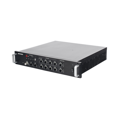 Amplificador de audio | 2 zonas de 250W | 100V/70V | Calendarización de eventos | Biblioteca de Materiales de Audio | Entrada de Alarma | Hik-connect /Hikcentral profesional