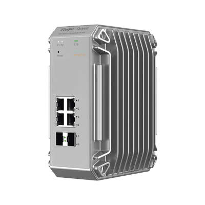 Switch Industrial PoE hasta , Ideal para temperaturas Extremas y protección contra descargas, 4 Puertos Gigabit PoE 802.3 af/at, 2 puertos SFP Administrable Cloud — RUIJIE · SKU RG-NIS3100-4GT2SFP-HP