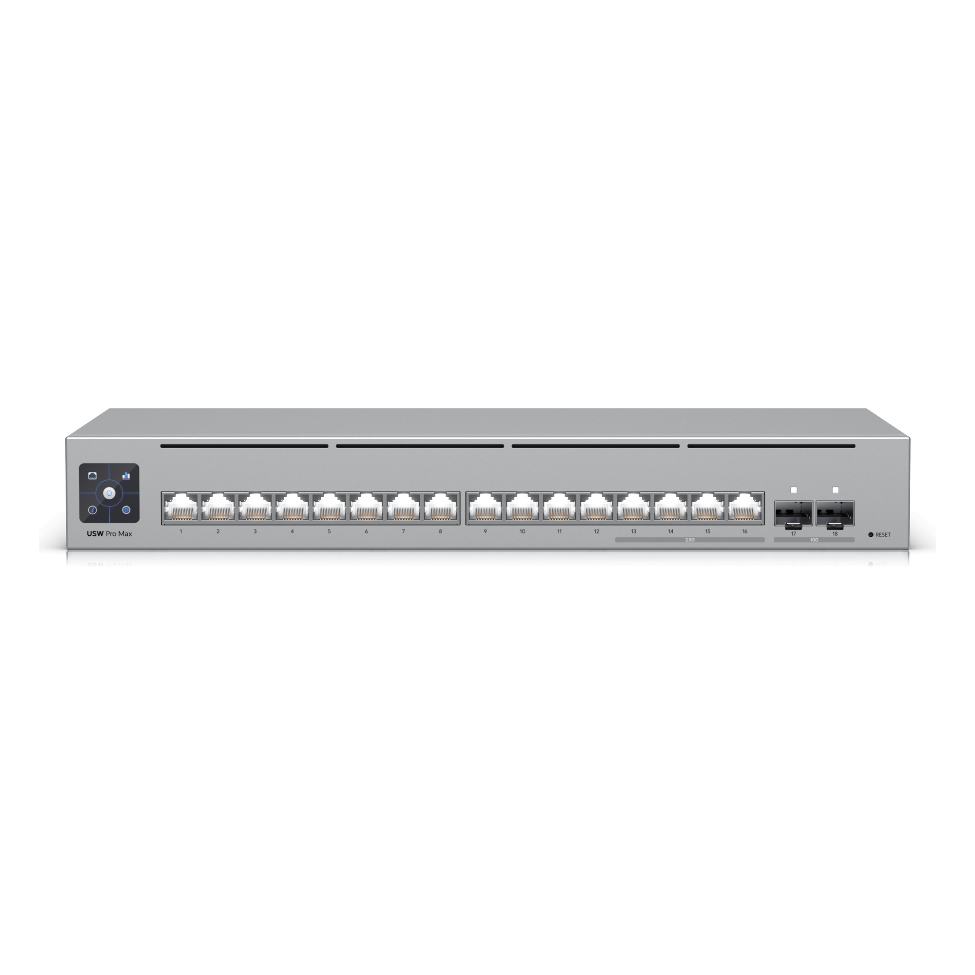 UniFi Switch Pro Max 16 con funciones Capa 3, 16 puertos EtherLight RGB / (4) puertos 2.5 GbE y (12) puertos GbE /(2) puertos SFP+ 10G /con pantalla táctil informativa — UBIQUITI · SKU USW-PRO-MAX-16