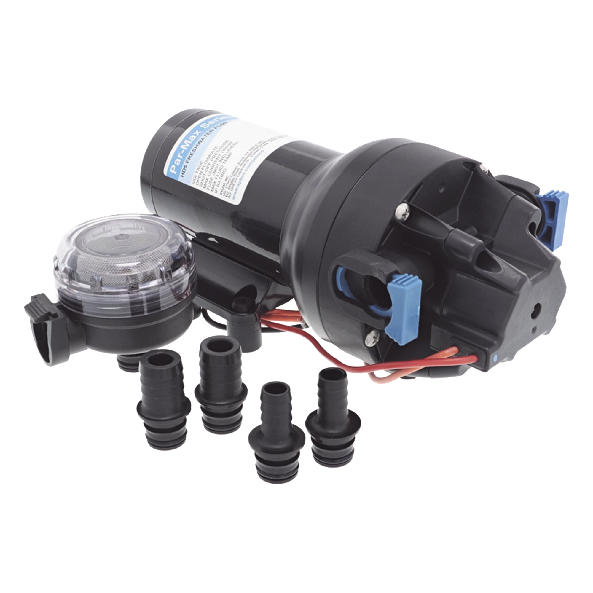 Bomba de diafragma controlada por presión para trabajo pesado ParMax de 12 Vcd, caudal de 5 GPM, presión máxima 60 psi, para manguera de diámetro interior de 13 mm (1/2") y 19 mm (3/4") — JABSCO · SKU P501J-118S-3A