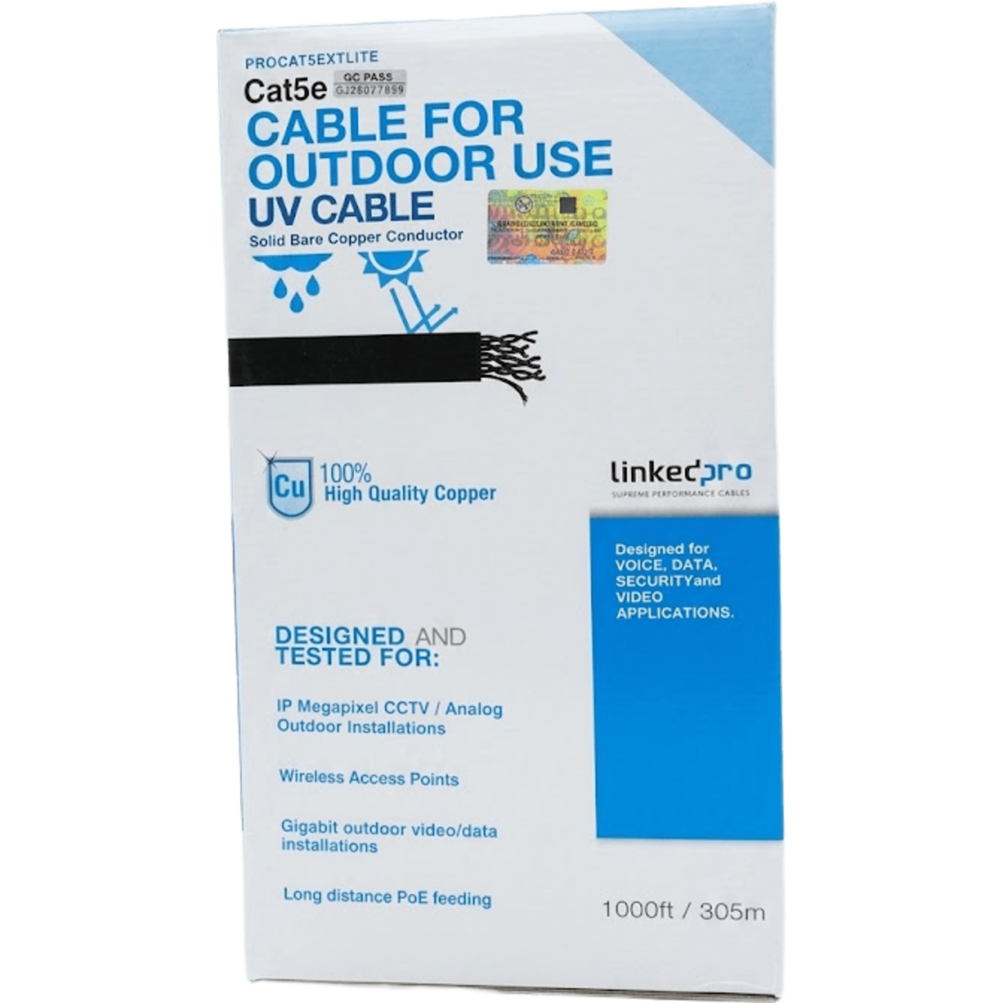 Cable UTP Exterior / Categoría 5e / 24 AWG Cobre Desnudo / 4 Pares / Anti-UV / PoE+ 30W / 304.8 m (1000 ft) — LINKEDPRO BY EPCOM · SKU PRO-CAT5-EXT-LITE