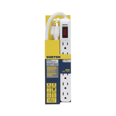 Multicontacto con cable 30 cm. 6 tomas 127 Vca línea, tierra, neutro 15 A max.