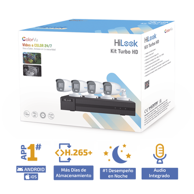 Kit TurboHD 1080p / DVR 4 Canales / 4 Cámaras Bala ColorVu con Micrófono Integrado / Fuente de Poder / Accesorios de Instalación