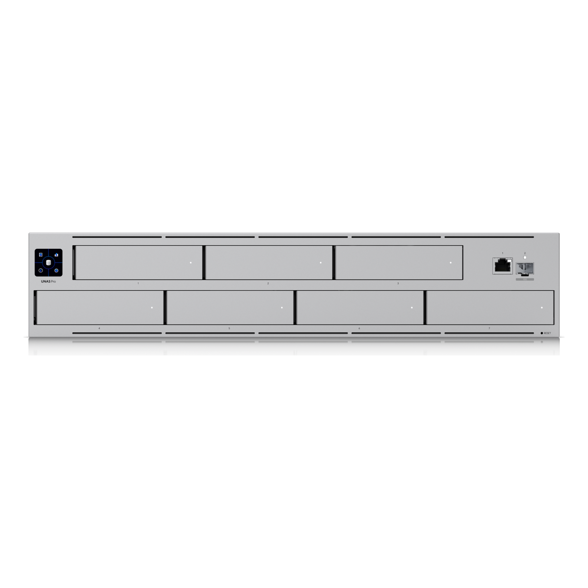 UNAS Pro Servidor NAS 2U Rack con 7 Bahías para HDD/SSD de 2.5/3.5" para Discos SATA, Puerto 10GbE SFP+ y 1GbE RJ45 — UBIQUITI · SKU UNAS-PRO