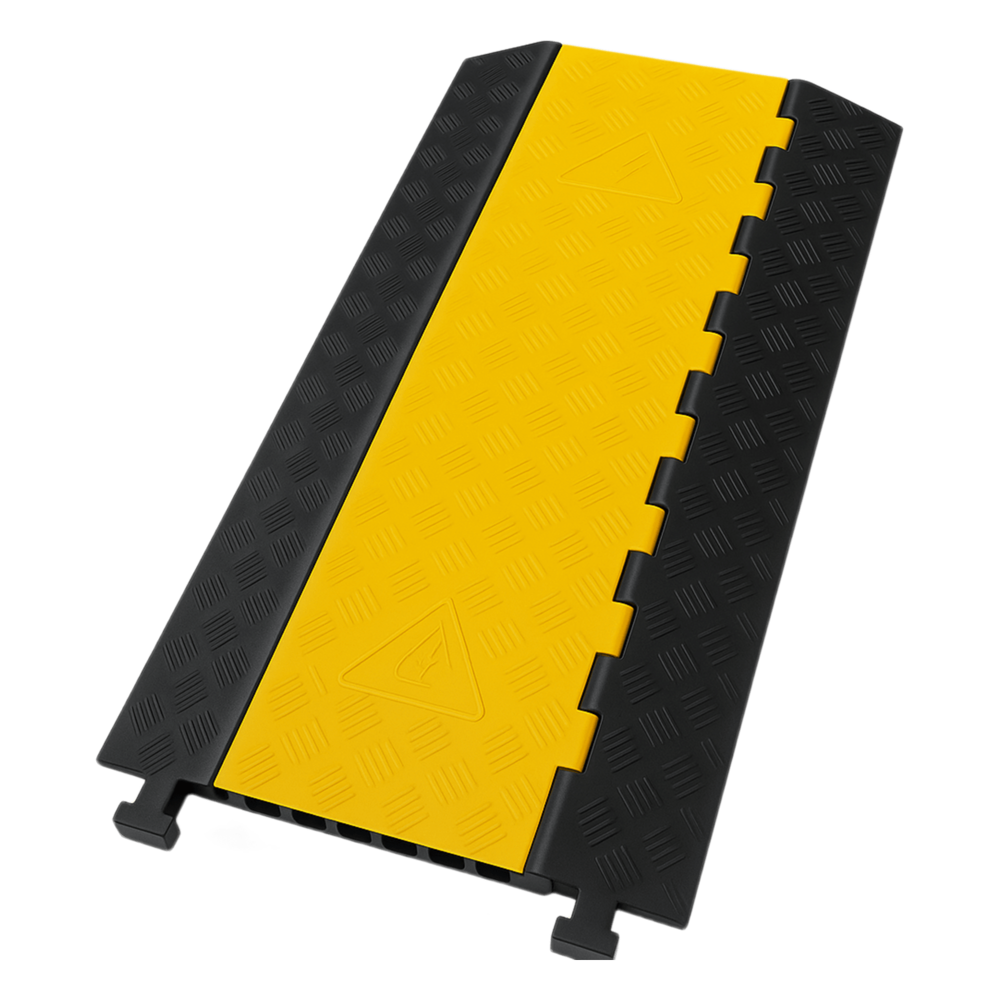 Protector de Cable de 3 Canales / Base de Goma y Tapa de Plástico / Tamaño del Canal 56x55MM / Capacidad de Carga 6.1 Toneladas / Longitud 90 cm / Ancho del Contorno 50 cm / Altura 7.5 cm / Color Amarillo-Negro / Material Hule — ACCESSPRO · SKU AC-903CV