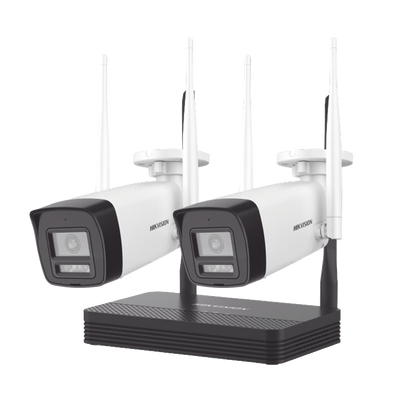 Kit IP Inalámbrico 4 Megapixel / NVS 4 Canales / 2 Cámaras Bala para Exterior con Lente 2.8 mm y Dual Light (30 mts IR + 30 mts Luz Blanca) / Audio Bidireccional (Micrófono y Bocina) / Soporta Micro SD de 512 GB — HIKVISION · SKU NKS424W0H