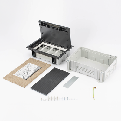 Caja Para Instalación en Pavimento para Voz, Datos o Contactos Eléctricos / Capacidad para 4 Módulos / Espacio Embellecedor en la Tapa / Profundidad Ajustable de 70 a 100 mm (2.76 a 3.94 pulgadas) / Los Módulos se Adquieren Aparte / Incluye Registro