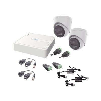 Kit HiLook Audio Bidireccional TurboHD 1080p / DVR 4 Canales / 2 Cámaras Turret (Exterior) con Bocina y Microfóno Integrado / 2 Fuentes de Poder / Accesorios — HiLook by HIKVISION · SKU HL-1080P-2E-TWA