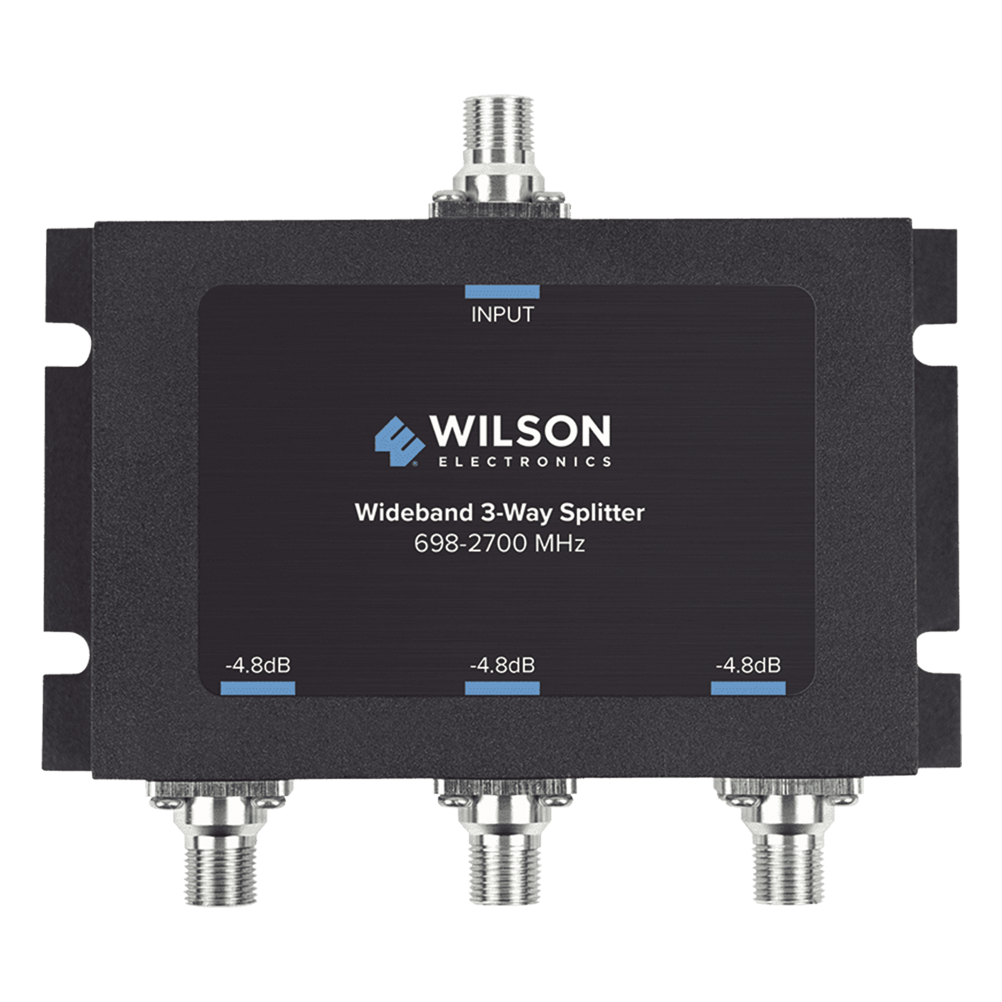 Divisor de potencia de 3 vías para la distribución de señal a tres antenas de servicio | 4.8 dB de pérdida por puerto | Conectores F hembra — WILSONPRO / WEBOOST · SKU 850-035