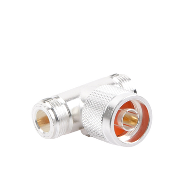 Adaptador en T, de Conector N Macho a Doble N Hembra, Plata/ Oro/ Teflón.