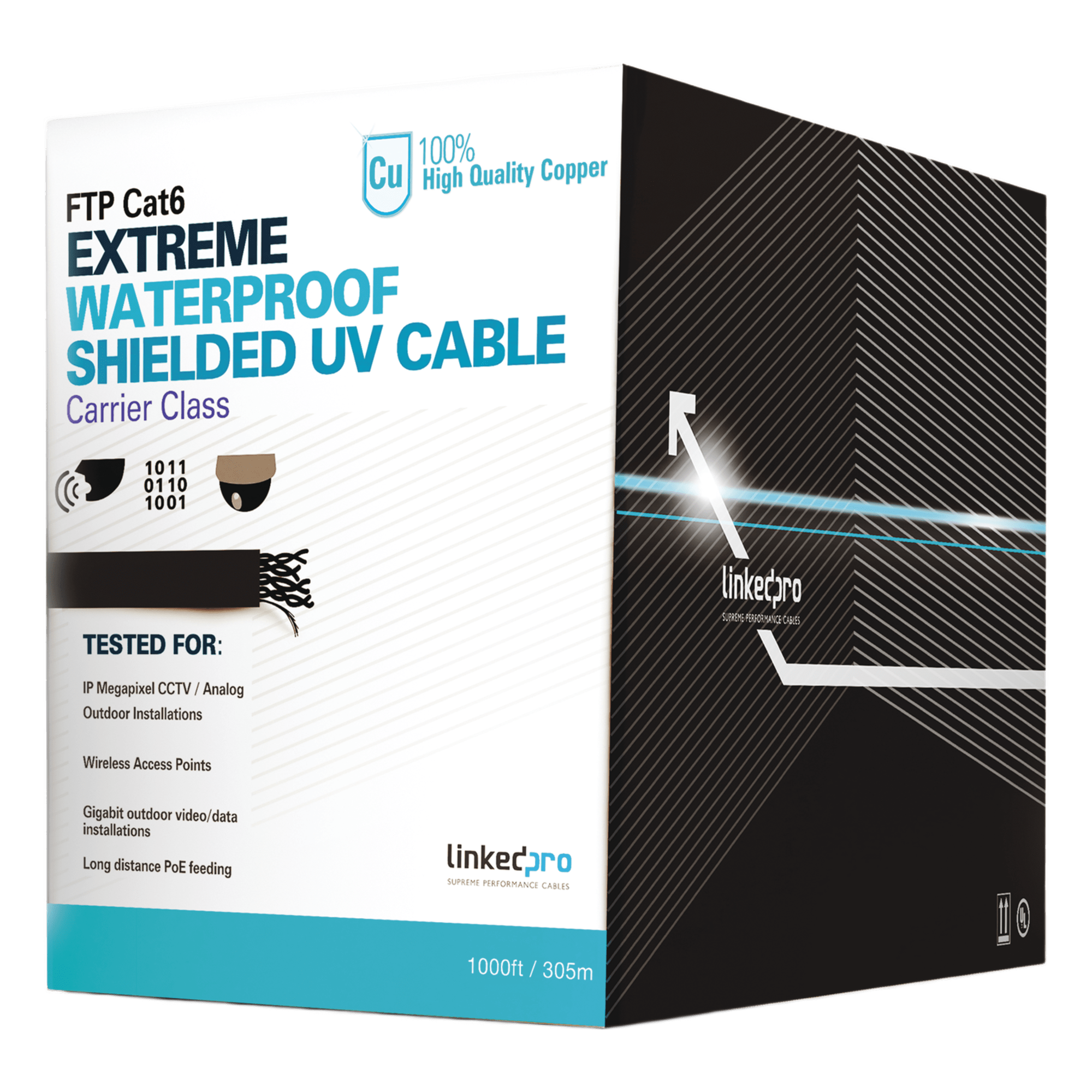 Bobina de Cable de 305 Metros (1000 Pies) Cat6+ Calibre 23 Exterior Blindado Tipo FTP para Climas Extremos, UL, Color Negro — LINKEDPRO BY EPCOM · SKU PRO-CAT-6-EXT