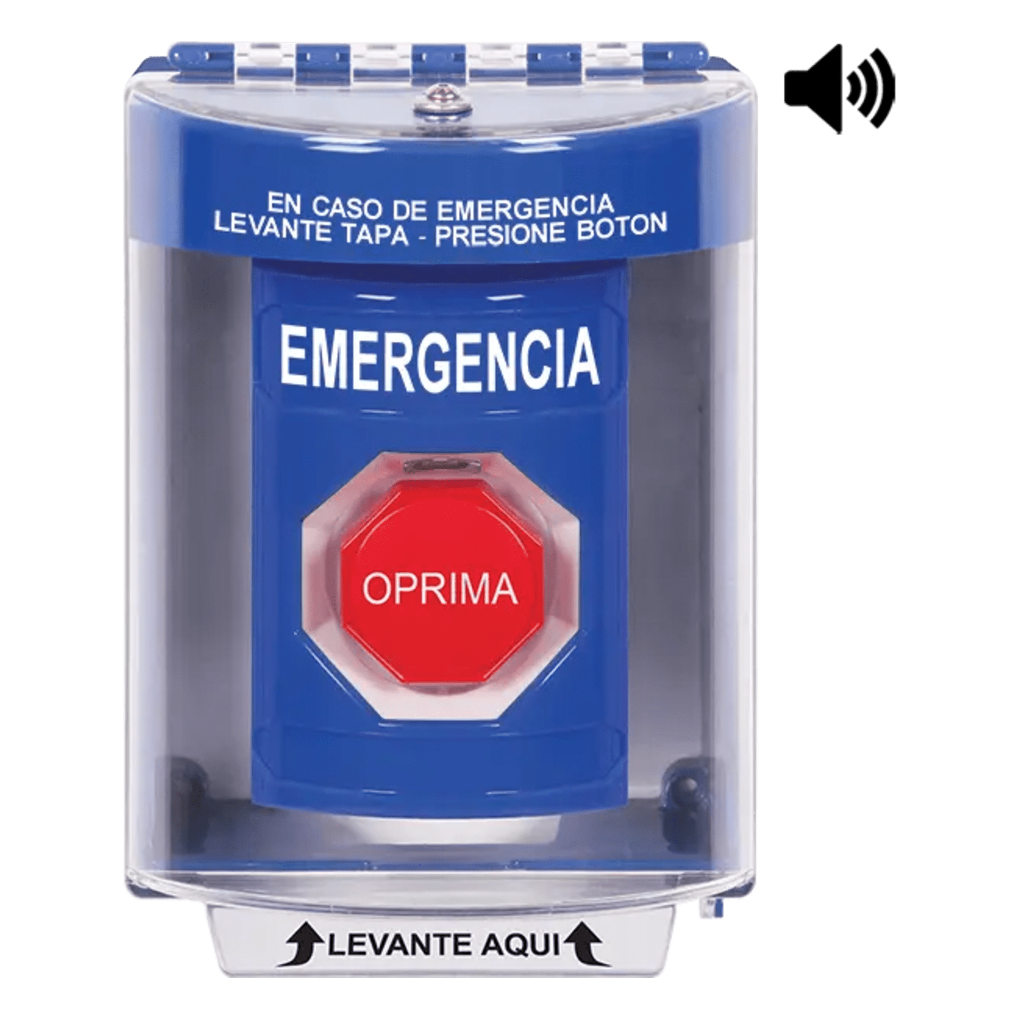​Botón Multipropósito, Color Azul, De Superficie con Espaciador, C/Tapa De Policarbonato, C/Bocina Pre Alarma, Interior/Exterior, Llave Para Restablecer, Texto De Emergencia, Español — STI · SKU SS2482EM-ES