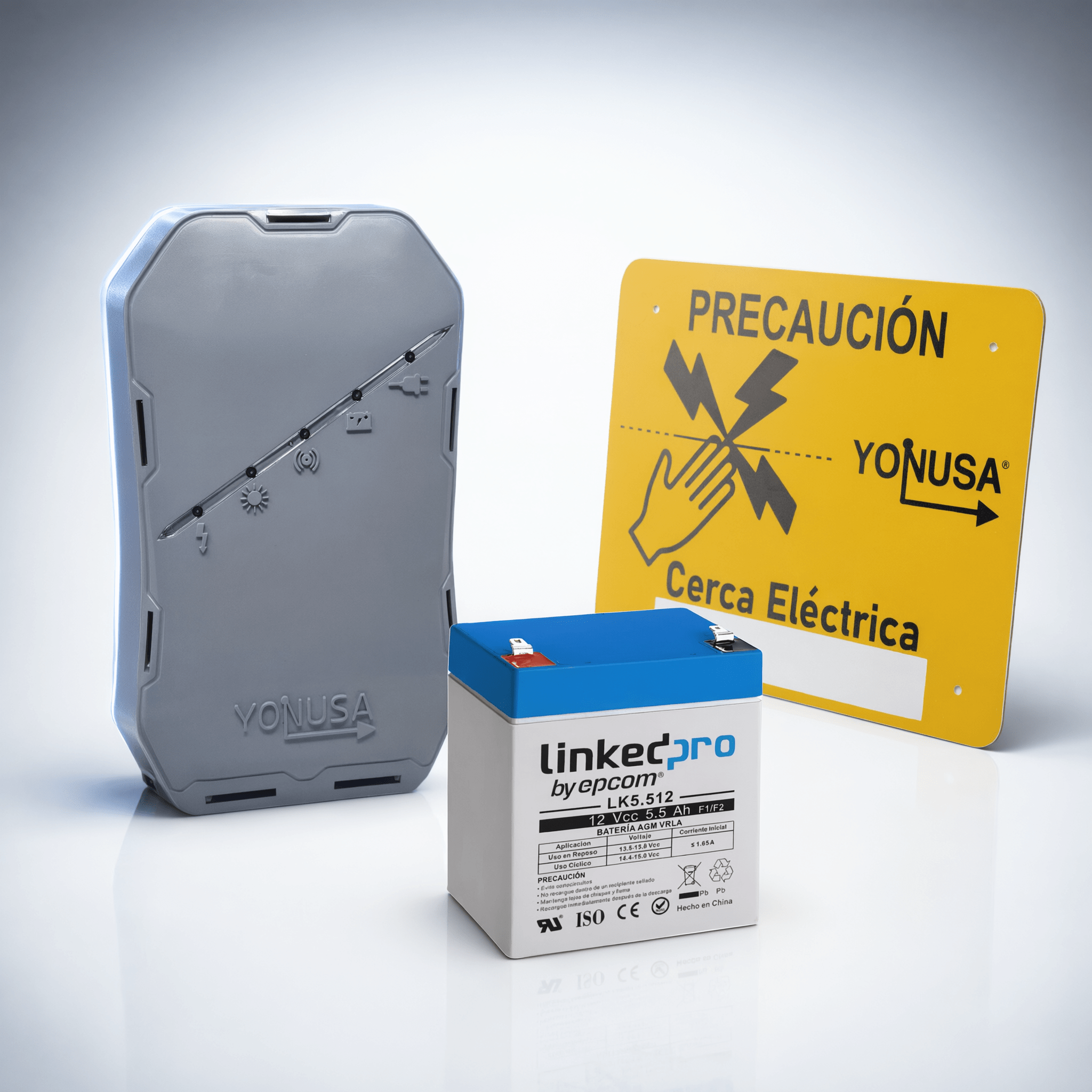 Energizador Perimetral / 12,000 V / 0.5 Joules / 500 m (1640 ft) Lineales / Batería de Respaldo 4 Días / Control RF 433 MHz — YONUSA · SKU SYSNGHS-KIT