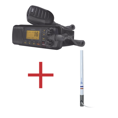 Kit de radio UM385BK | mas antena marina de fibra de vidrio TX-5101SYS/10M fabricada en fibra de vidrio con base roscable de acero inoxidable 