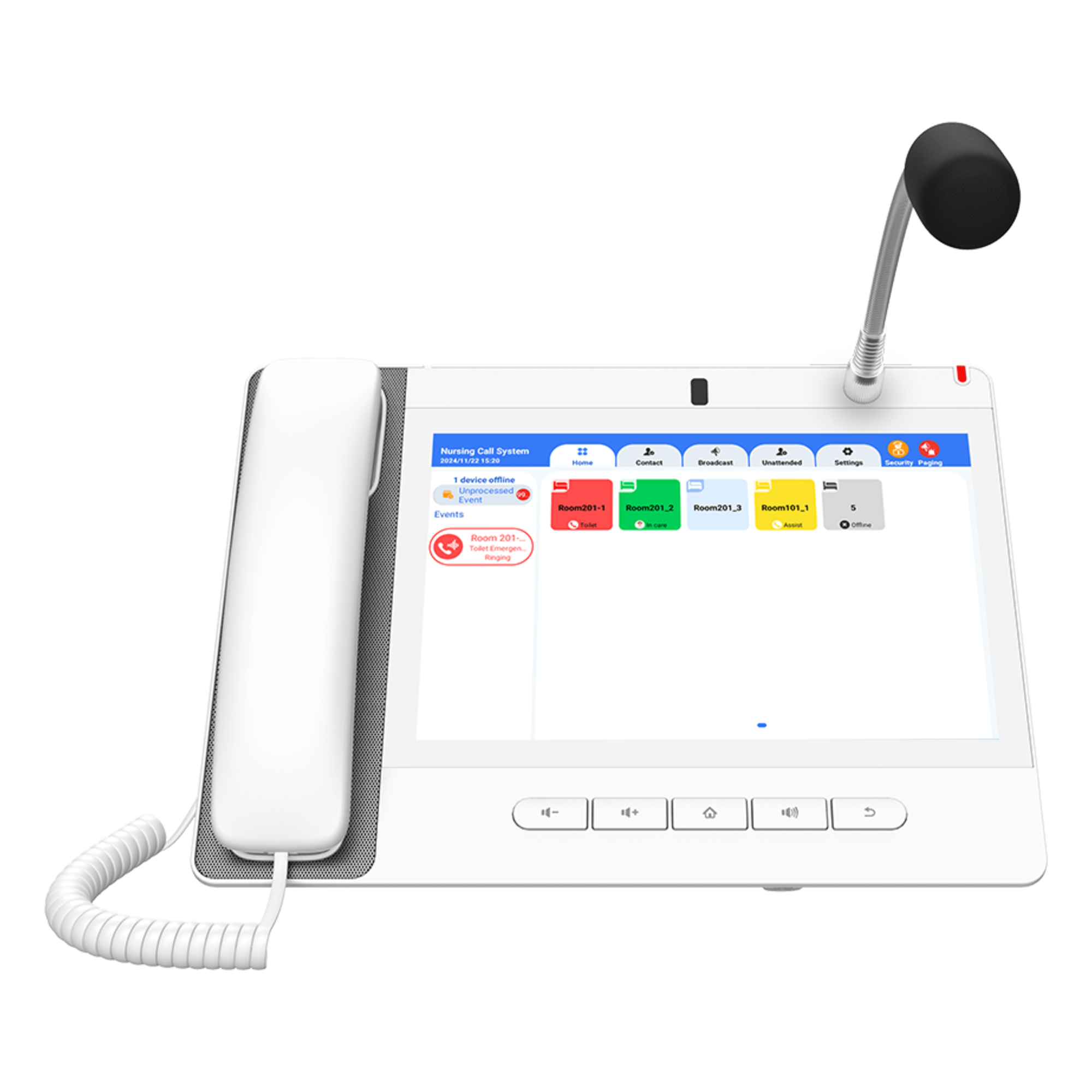 Teléfono IP Color Blanco Android 9.0 Empresarial para voceo 20 líneas SIP, pantalla táctil, Wi-Fi y Bluetooth, PoE, Voceo/ Musica por Multicast, puertos Gigabit, Sofware de Enfermeria — FANVIL · SKU A320IW