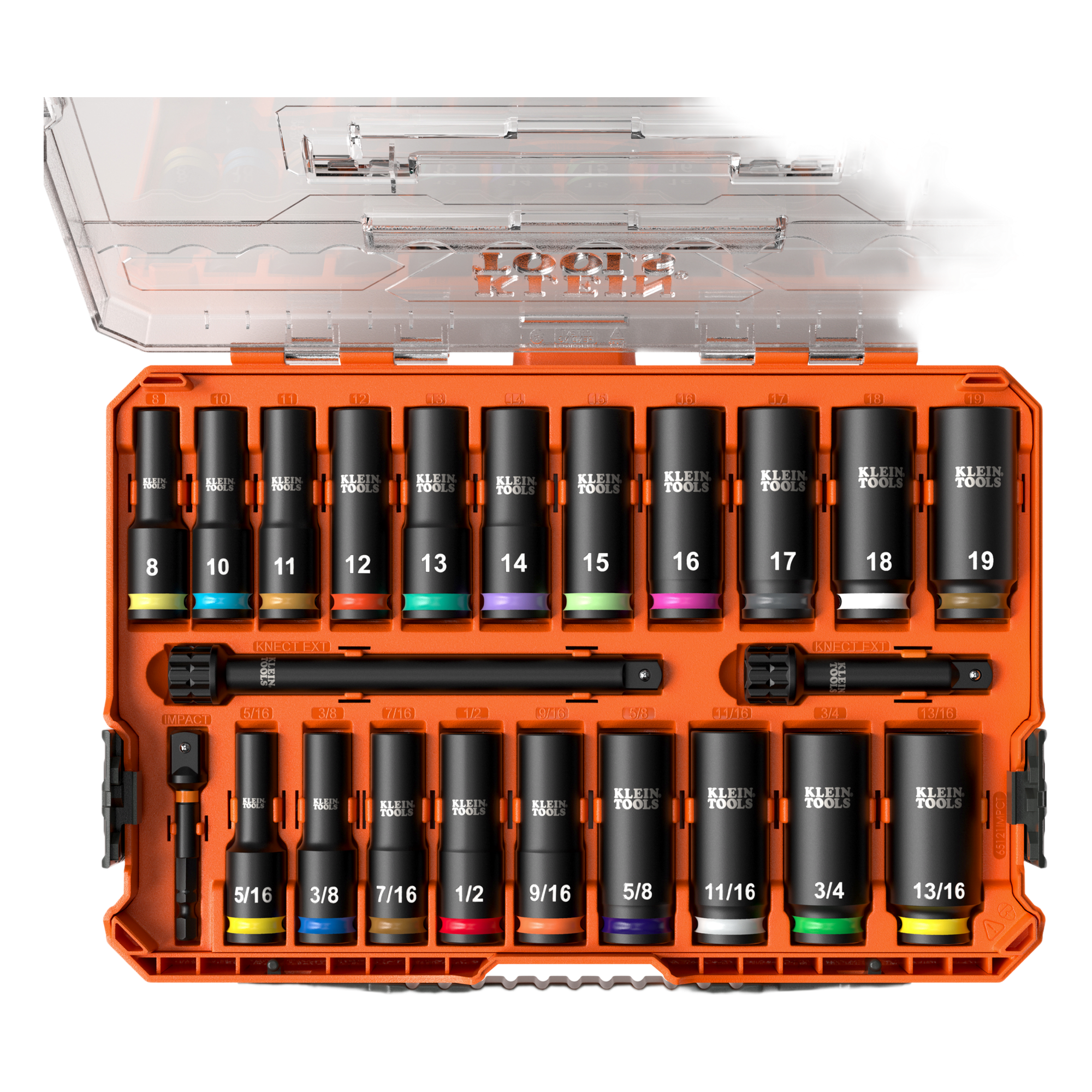 Juego de Dados de Impacto KNECT™ (M) / 3/8" Drive Profundo / SAE y Métrico / 23 Piezas / Adapters Multi-Propósito / MODbox™ Case — KLEIN TOOLS · SKU 65121-IMPCT