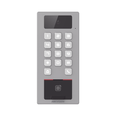 (PoE / 2 Relays) Terminal de Control de Acceso / Videoportero Multiapartamento Llamada a App / Teclado / Exterior Antivandálico IP65 & IK09 / Huella, Tarjeta, Código QR, PIN o App Hik-Connect / Cámara 2 MP compatible con NVRs