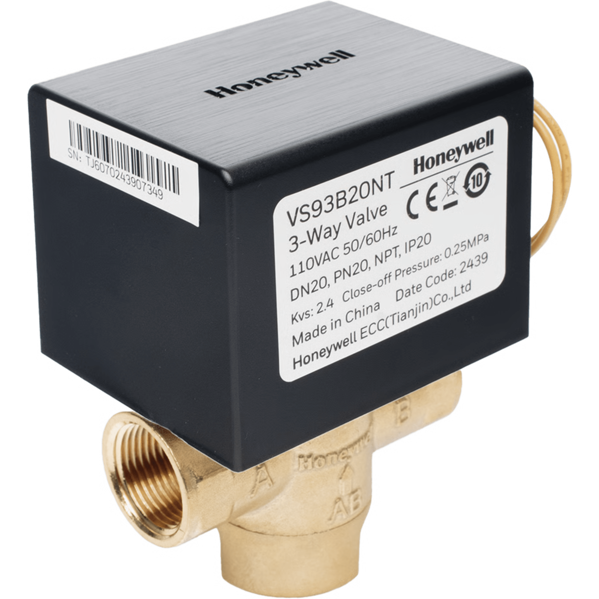 Válvula de Control Eléctrica / 2 Vías Tipo Bola / DN20 (3/4") / Actuador On/Off 3 Hilos / Sin Retorno por Resorte / 220 V CA / PN20 — HONEYWELL BMS · SKU VN82C20PT