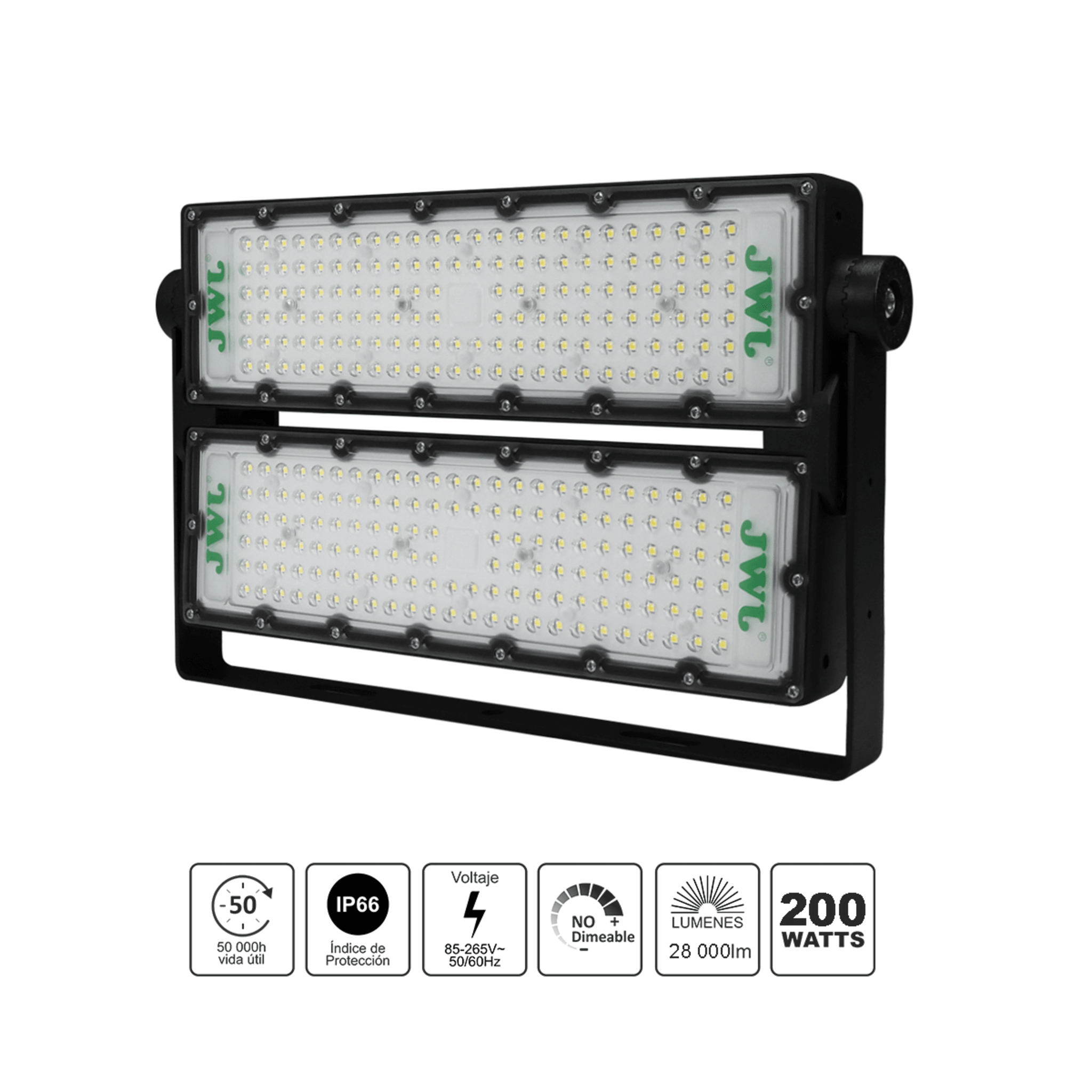 Reflector LED 200 W /350 x 250 mm / 85 - 265 Vca~ 50/60Hz / TCC 6 500 K / Uso en exterior.