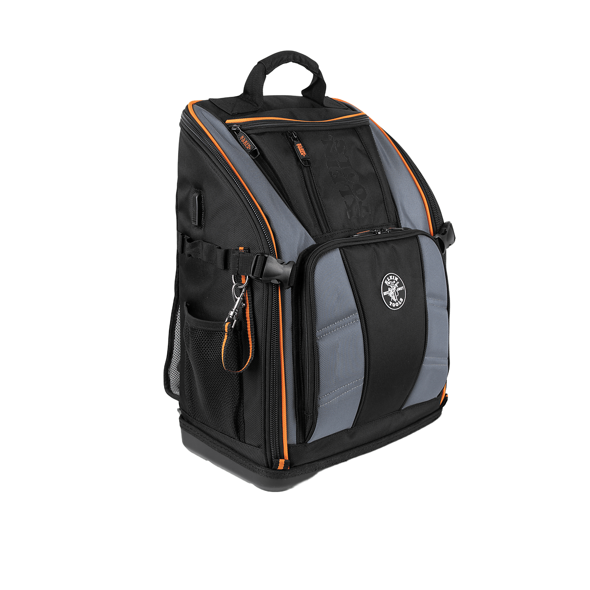 Mochila Profesional para Herramientas / 27 Bolsillos / Acceso Rápido y Estación de Trabajo / Base Moldeada Ancha / Interior Naranja / USB-C / Soporte para Lámpara