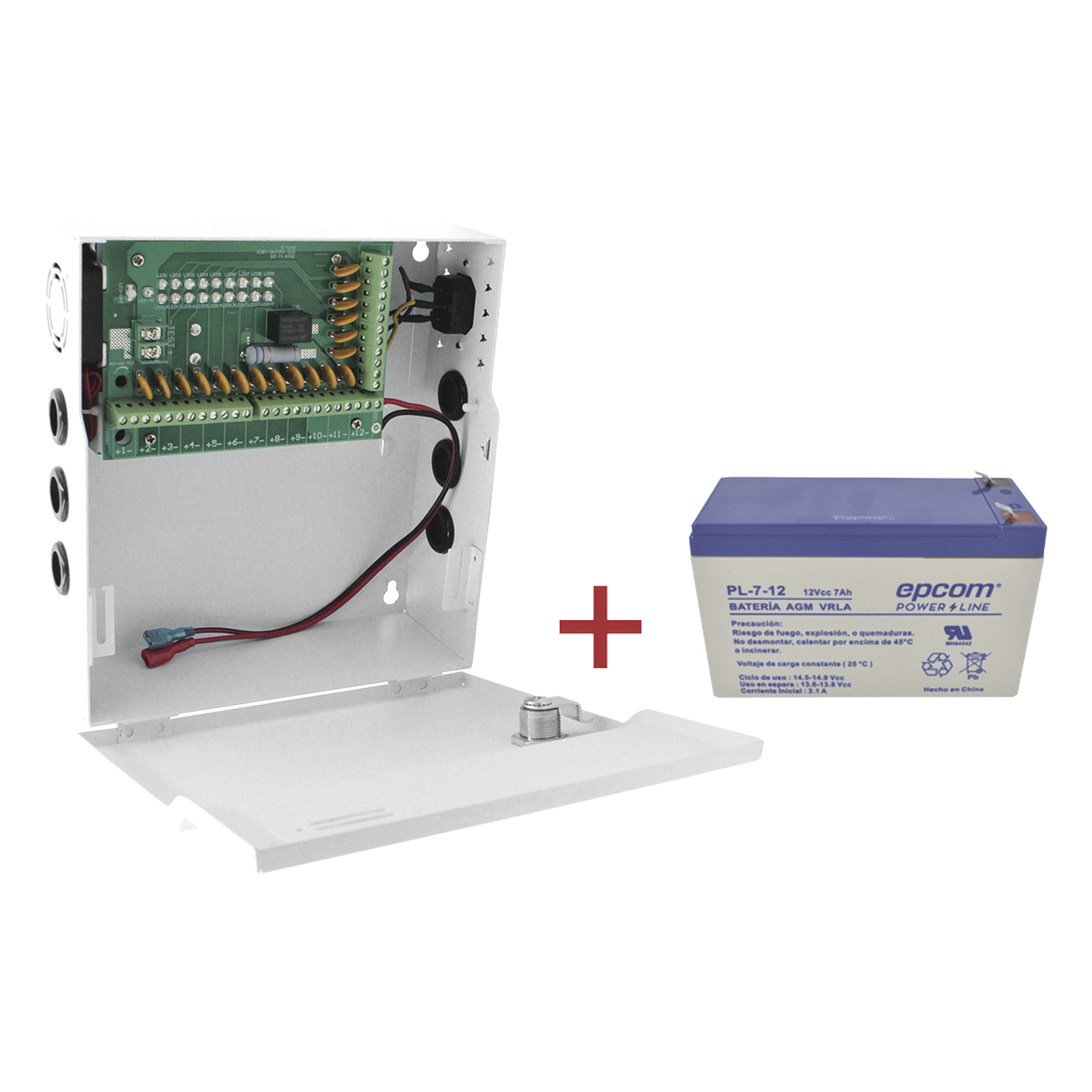 Kit / Fuente con 18 salidas / 20 Amperes totales / Ajuste de voltaje de 11-15 V / 20 A modelo PLK12DC20ABK / + Batería incluída LK712 — EPCOM POWERLINE · SKU PLK12DC20ABK/K