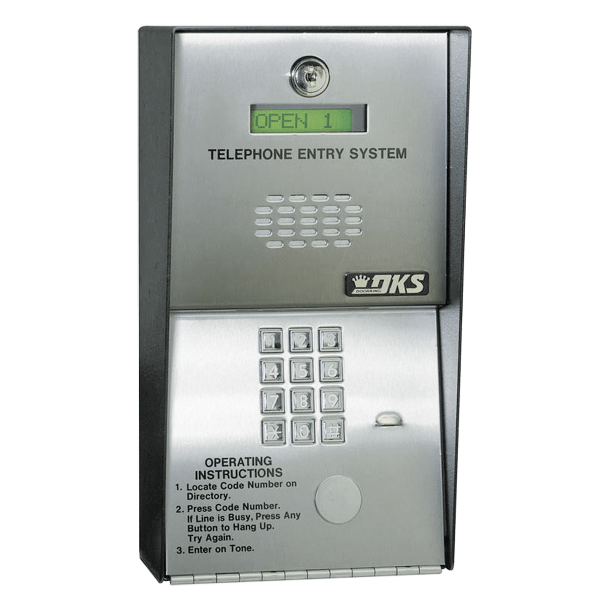 Audioportero Telefónico DKS Para 600 números Telefónicos / Control Para 2 Puertas / Gabinete Para Sobreponer/ Marcación a 16 Digitos / Linea Análoga o Digital — DKS DOORKING · SKU 1802-082