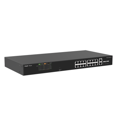 Switch PoE+ no Administrable, Hasta 120 Watts, Ideal para CCTV, 16 Puertos PoE +10/100, 2 Uplinks Gigabit y 2 SFP COMBO