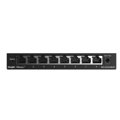 Switch Administrable Gigabit / 8 Puertos 10/100/1000BASE-T / Capa 2 / Switching 16 Gbps / Forwarding 11.9 Mpps / Gestión Cloud Ruijie Gratuita / Modo CCTV con Transmisión 250 m (820 ft) / Prevención de Bucles Automática / Diseño Fanless — RUIJIE · SKU RG-ES208GC