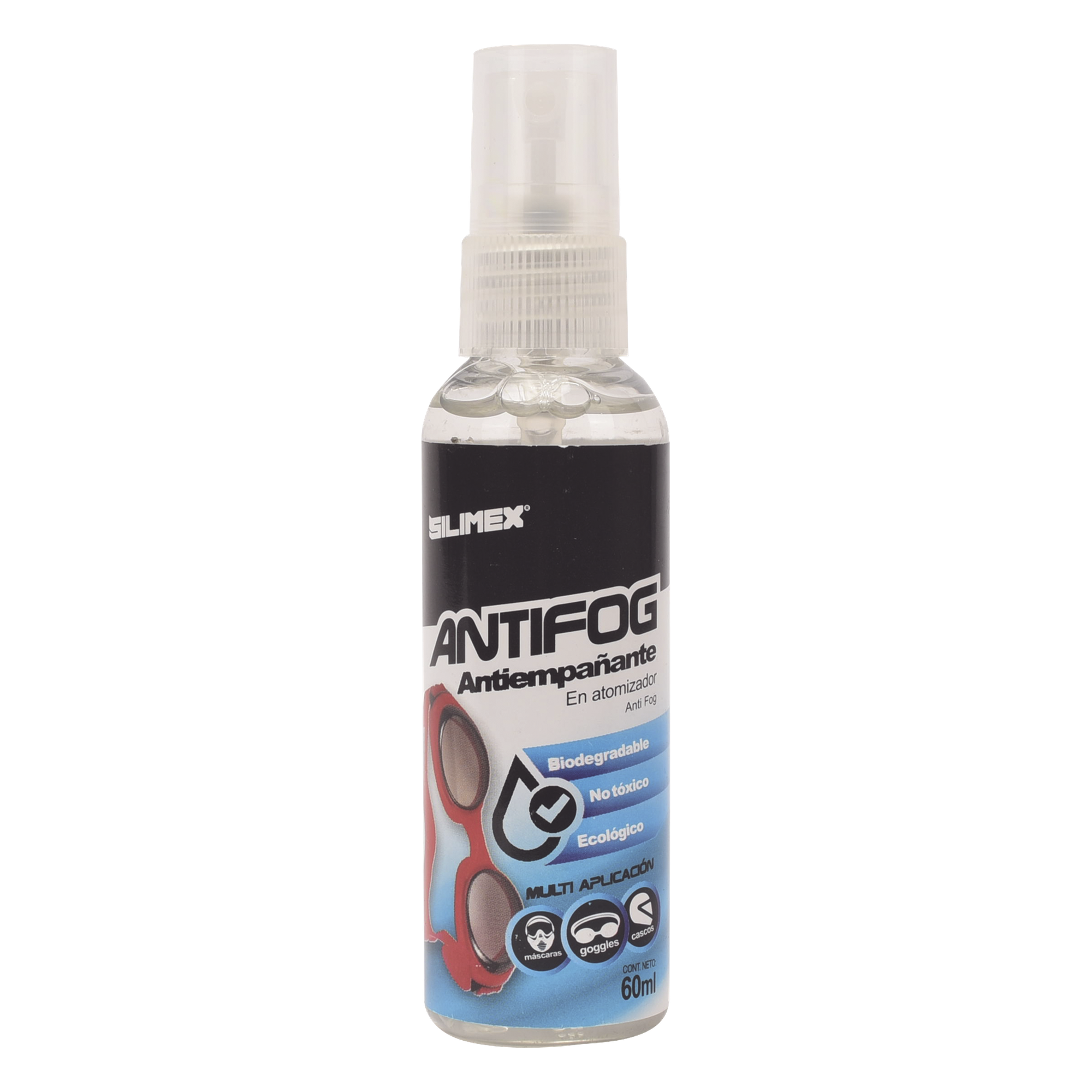 Antiempañante, ideal para eliminar problemas de empañamiento en googlees, mascaras, cascos, lentes, bote 60 ml — SILIMEX · SKU ANTIFOG