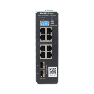 Switch Industrial PoE+ hasta 300 watts , Ideal para temperaturas Extremas y protección contra descargas, 1 puerto PoE++ 60W y 7 puertos PoE+ 30W, 2 SFP Uplink — RUIJIE · SKU RG-NIS2100-8GT2SFP-HP